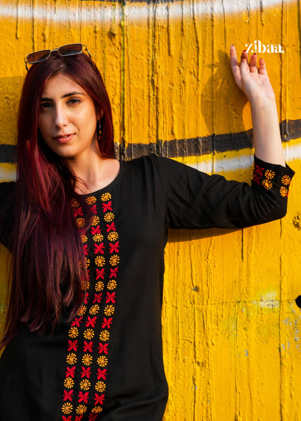 Zibaa Luxury Rayon Black Chikankari Kurta Set