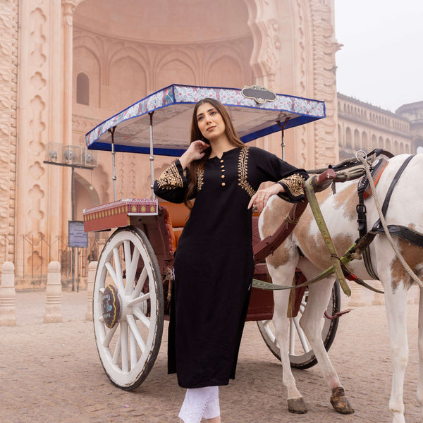 Zibaa Luxury Rayon Black Chikankari Kurta with Hand Jaal