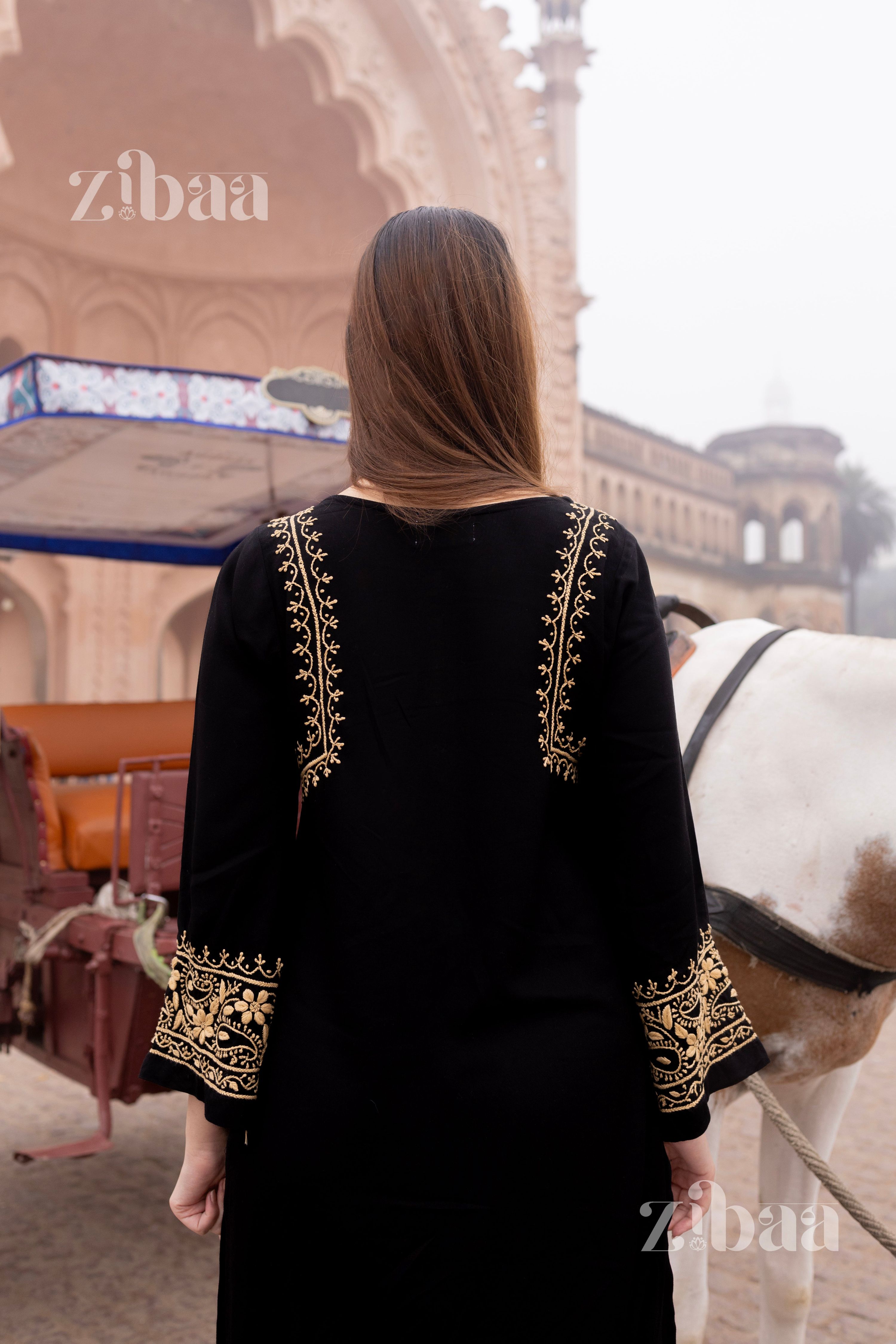 Zibaa Luxury Rayon Black Chikankari Kurta with Hand Jaal