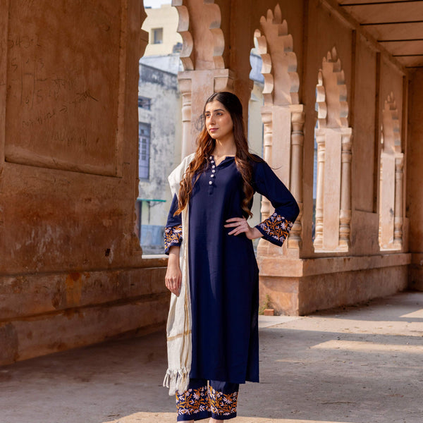 Zibaa Luxury Rayon Blue Chikankari Kurta Set with Kota Dupatta