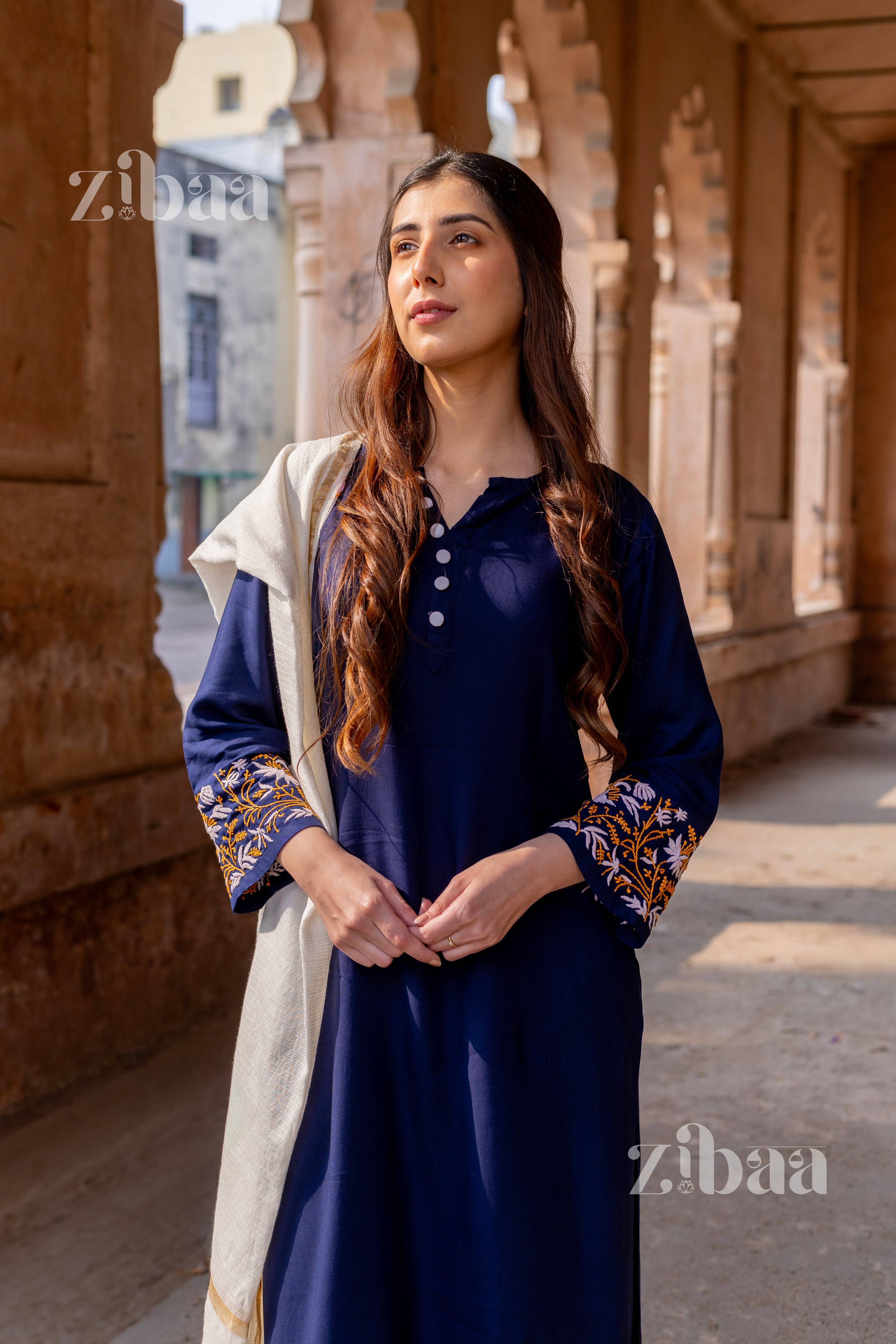 Zibaa Luxury Rayon Blue Chikankari Kurta Set with Kota Dupatta