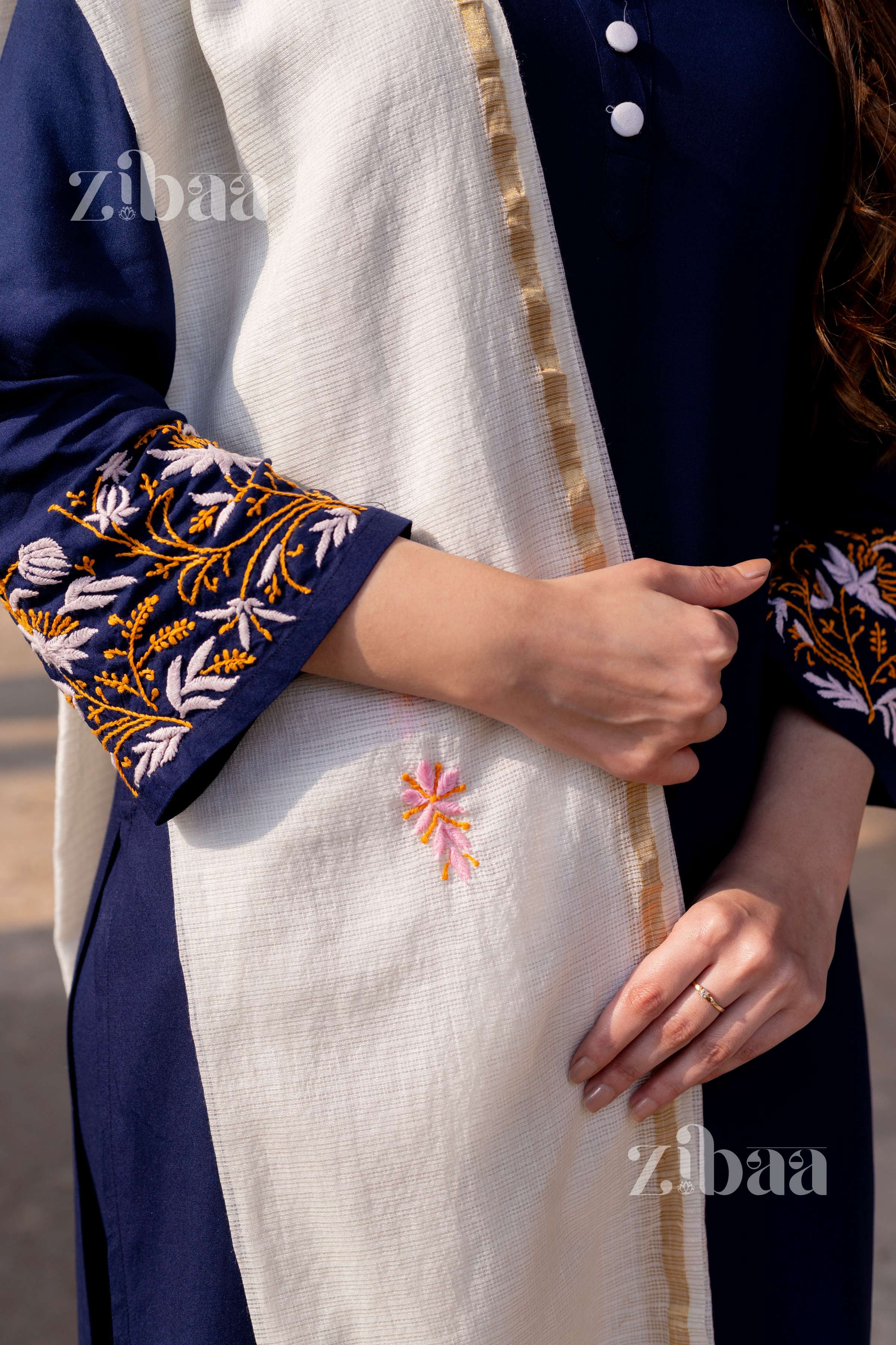 Zibaa Luxury Rayon Blue Chikankari Kurta Set with Kota Dupatta