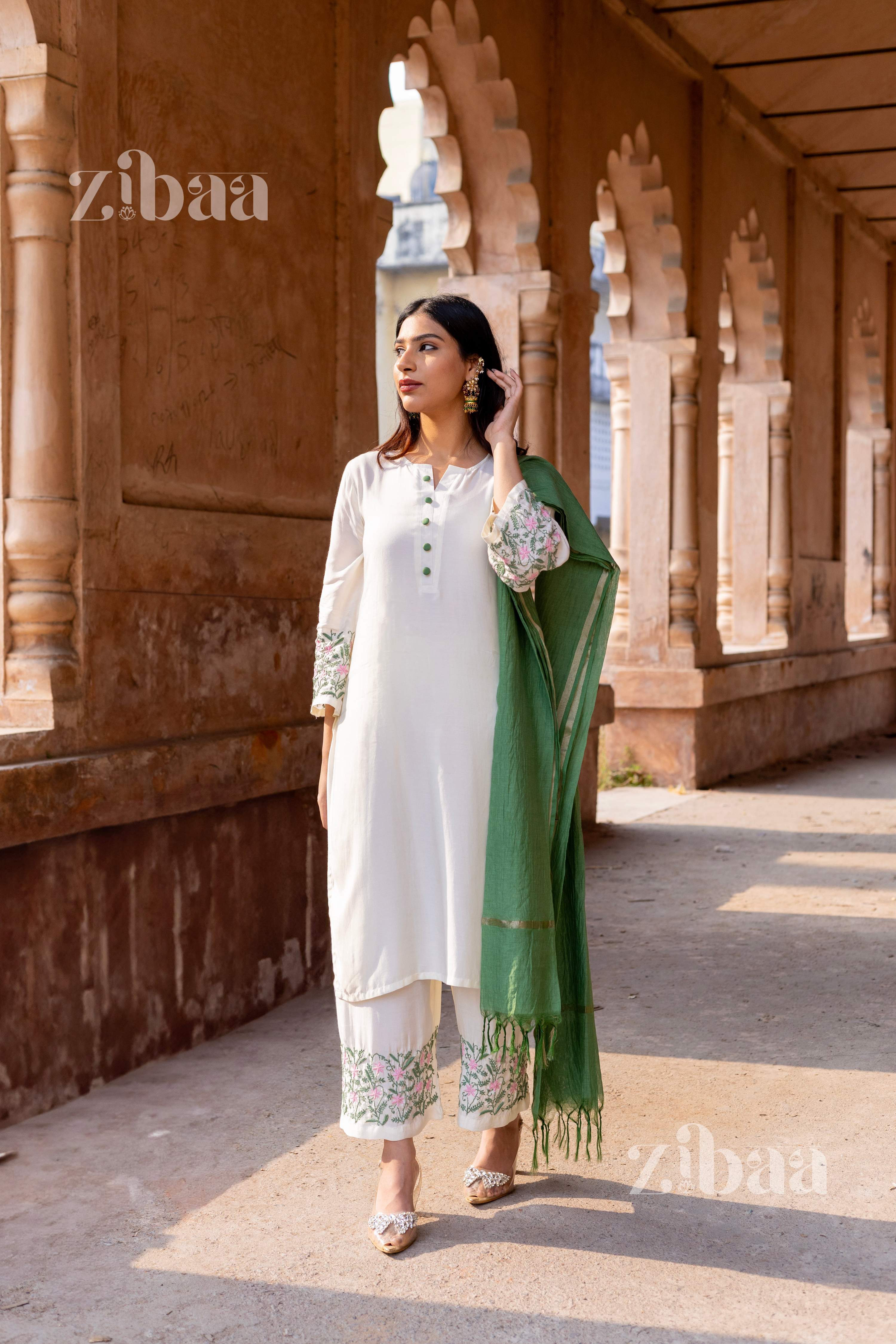 Zibaa Ivory Pure Muslin Chikankari Kurta Set with Mul Dupatta