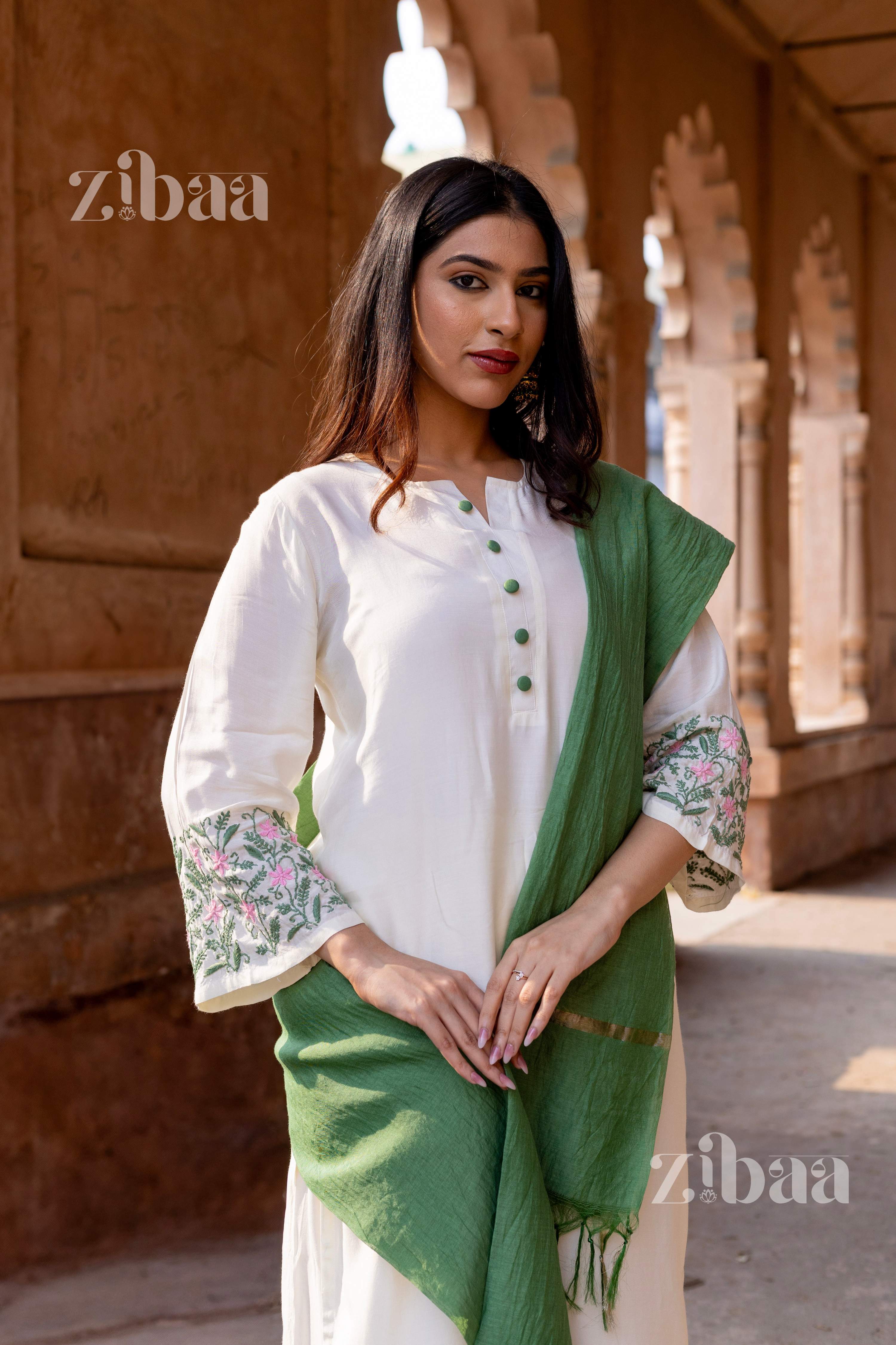 Zibaa Ivory Pure Muslin Chikankari Kurta Set with Mul Dupatta
