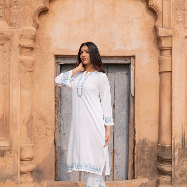 Zibaa Luxury Rayon White Chikankari Kurta Set