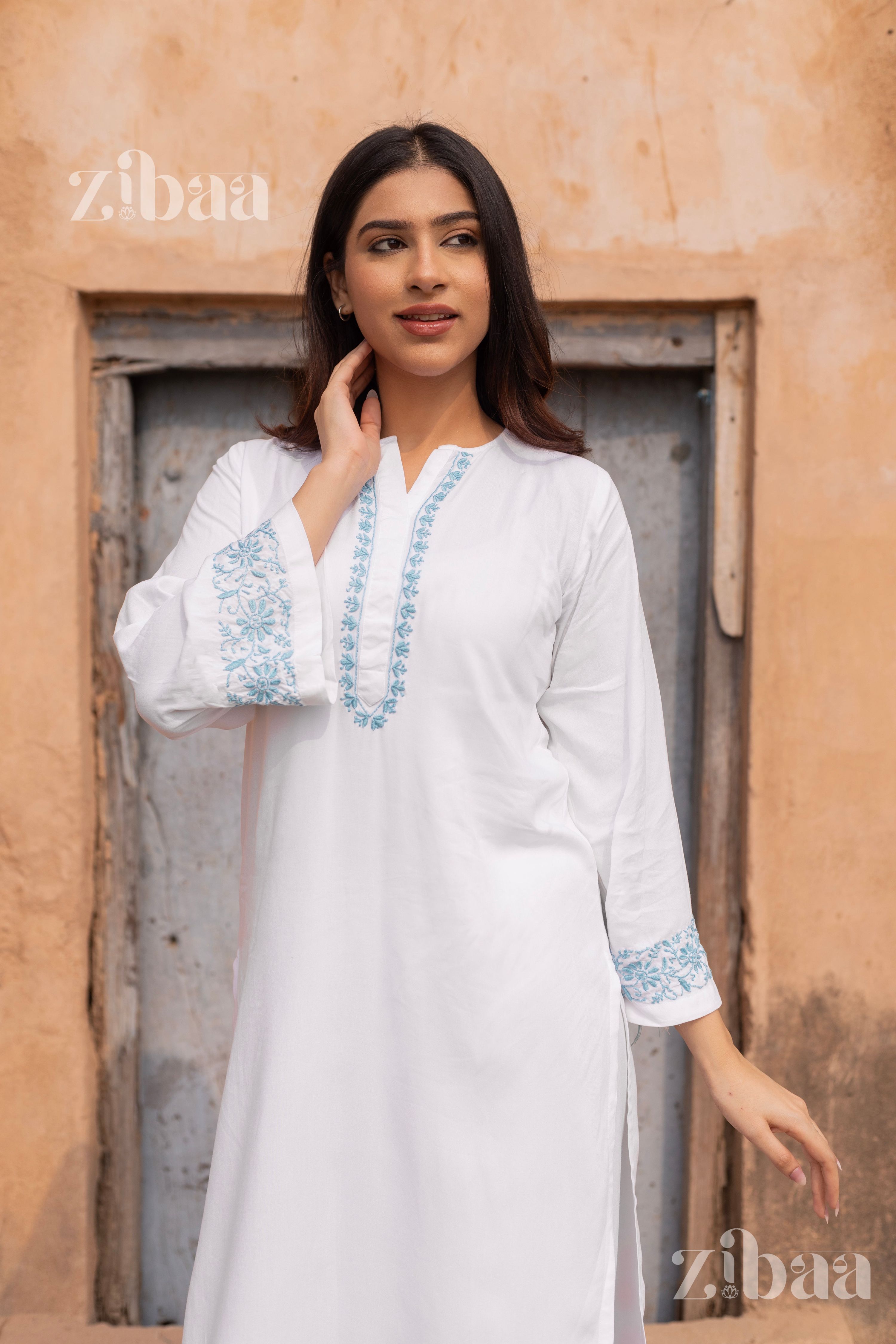 Zibaa Luxury Rayon White Chikankari Kurta Set