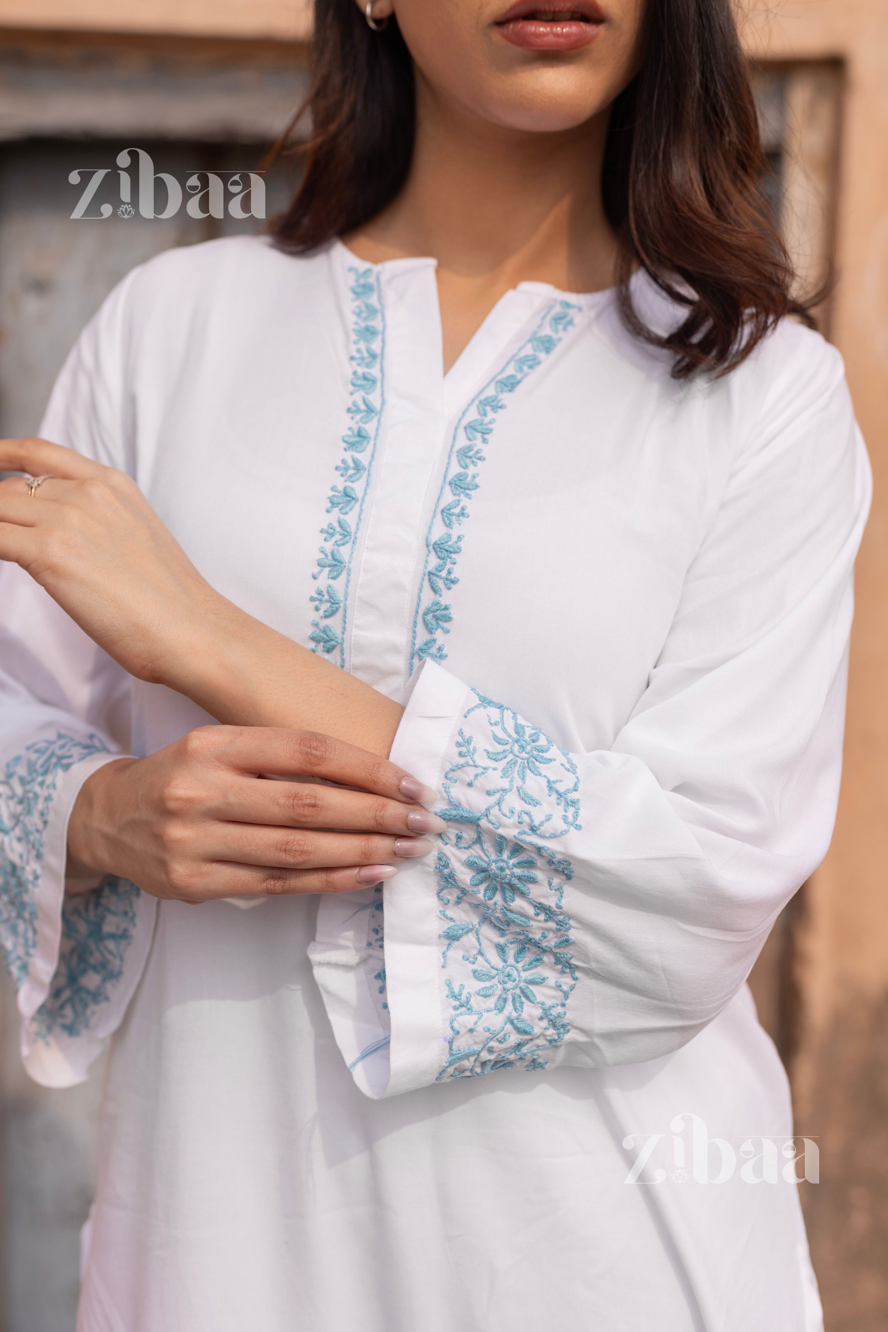Zibaa Luxury Rayon White Chikankari Kurta Set