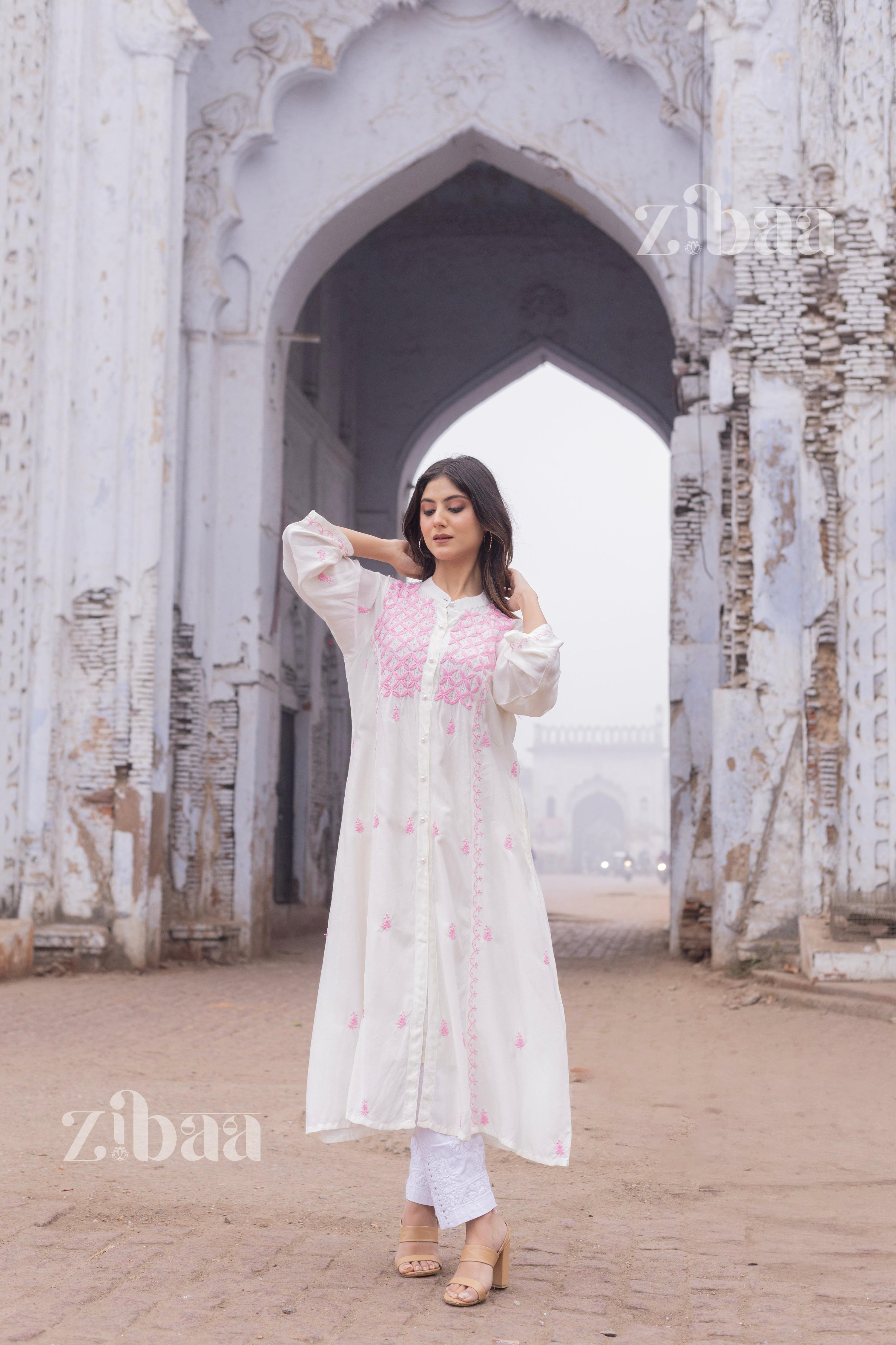 Zibaa Ivory Muslin Long Chikankari Kurta