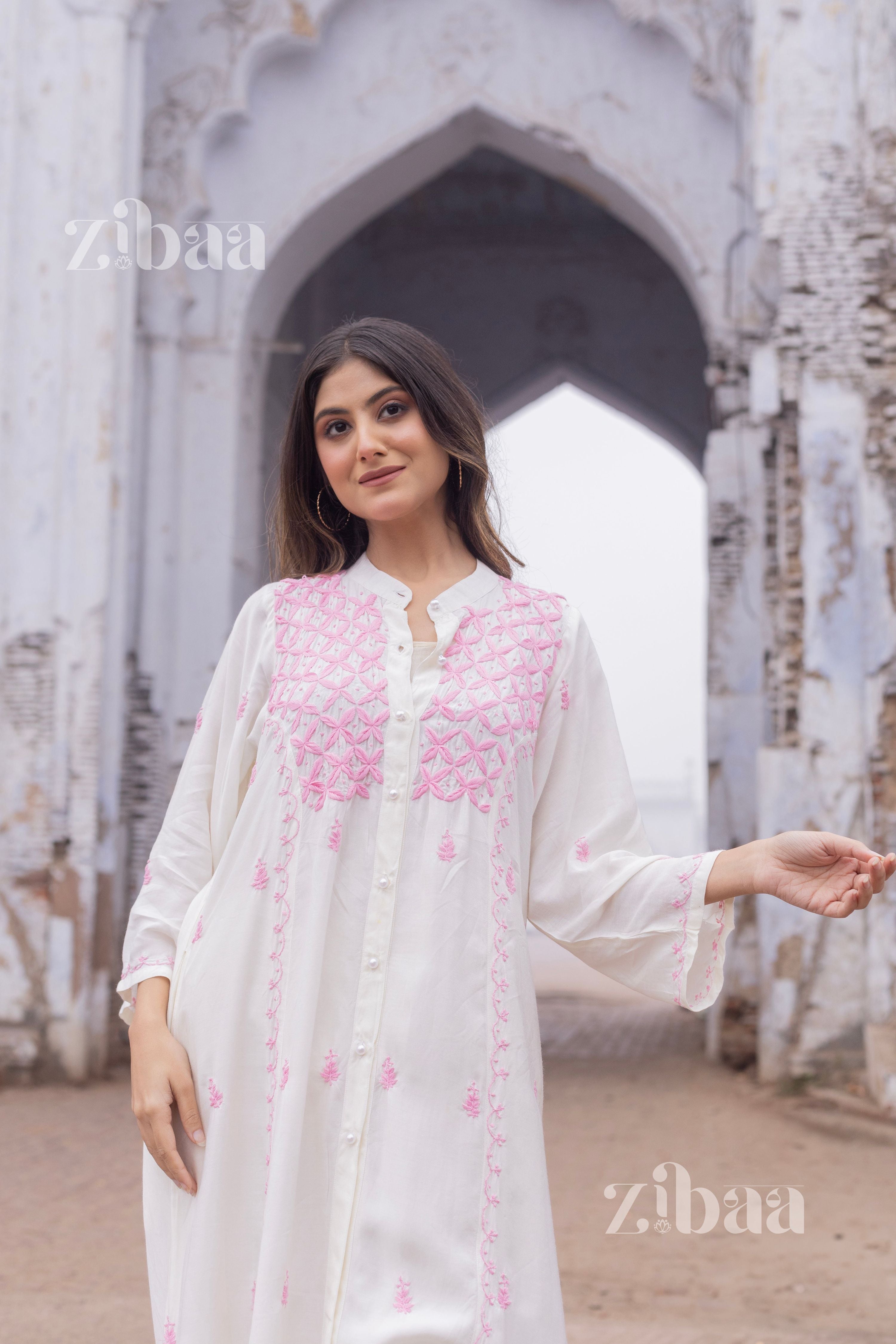 Zibaa Ivory Muslin Long Chikankari Kurta