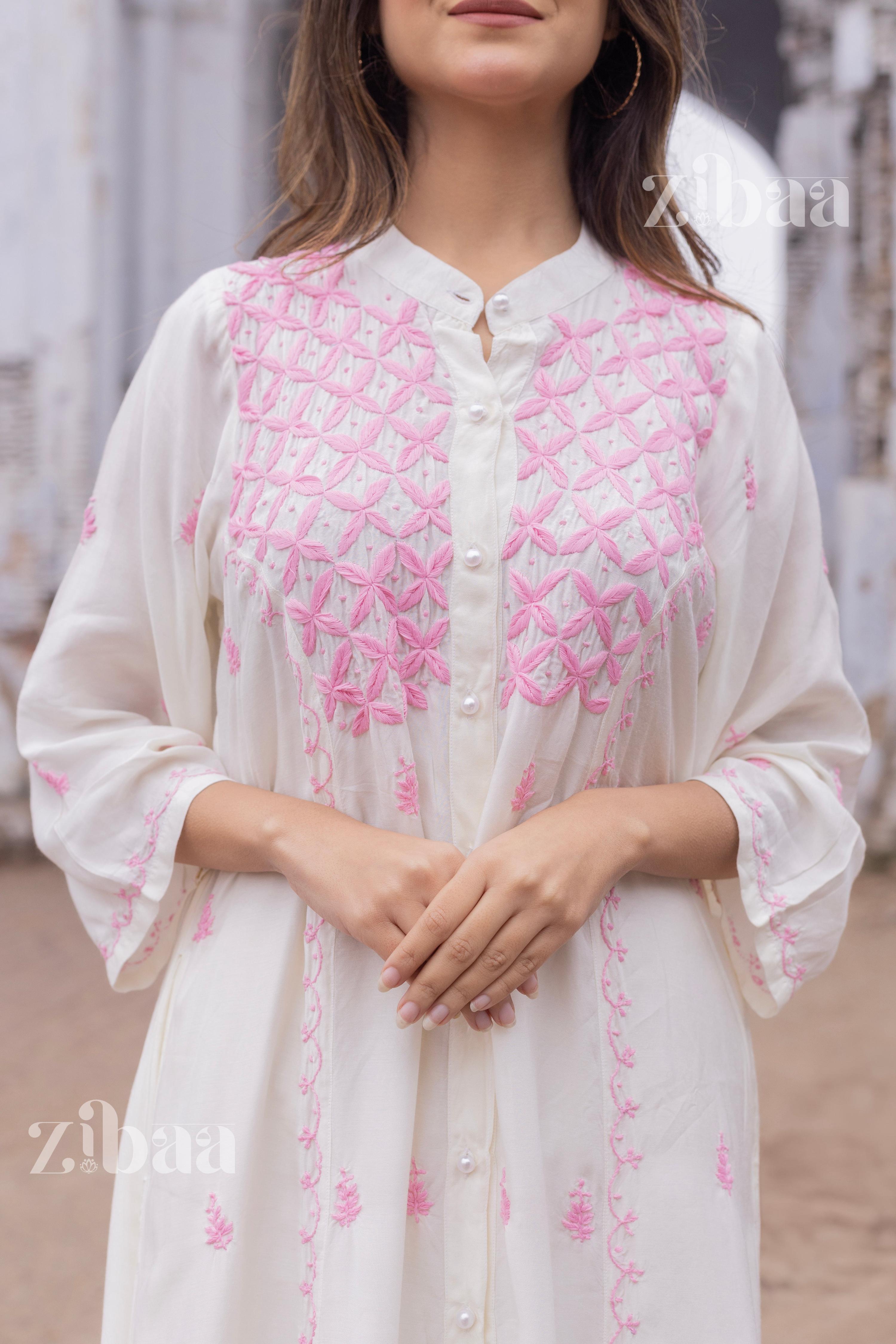 Zibaa Ivory Muslin Long Chikankari Kurta