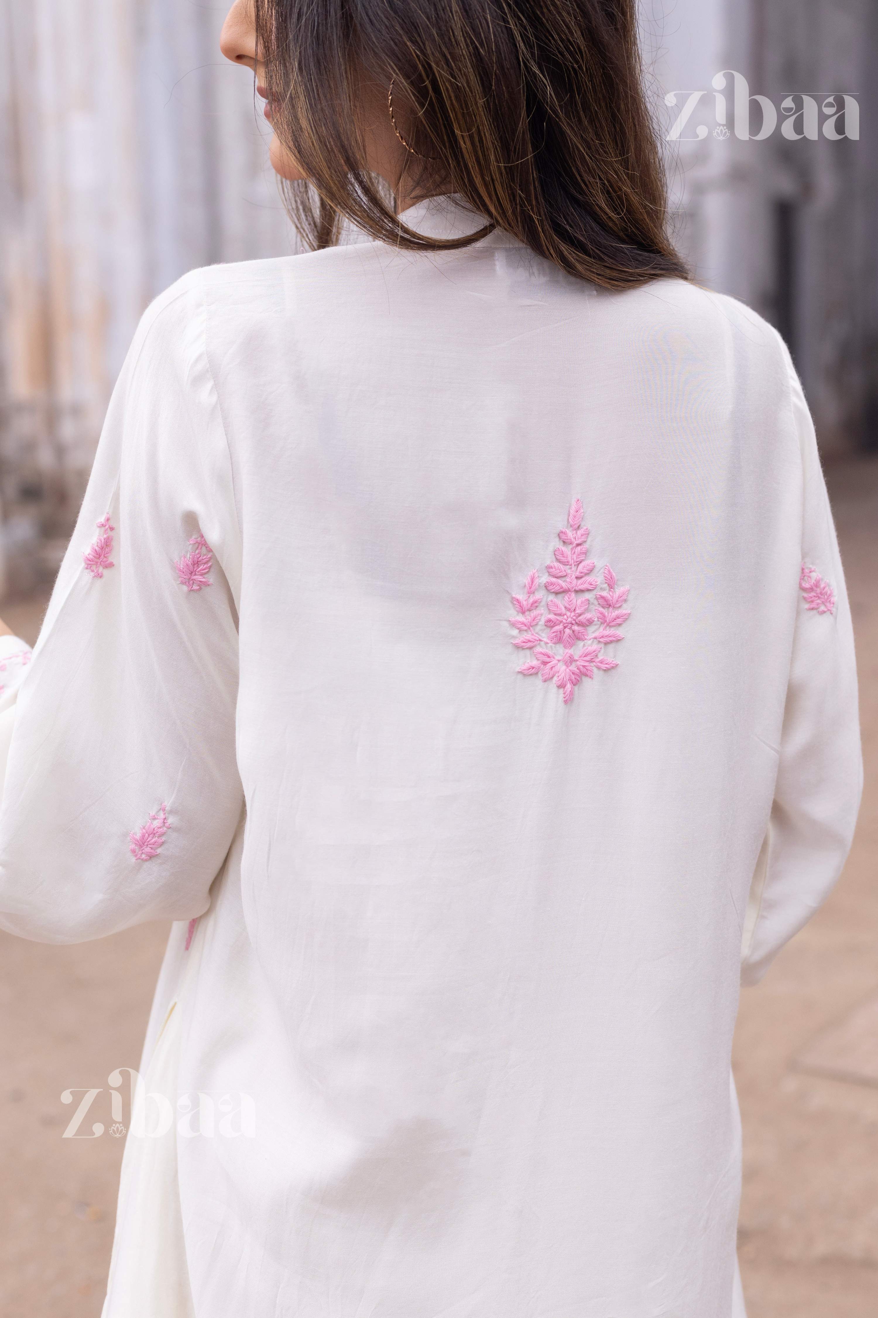 Zibaa Ivory Muslin Long Chikankari Kurta