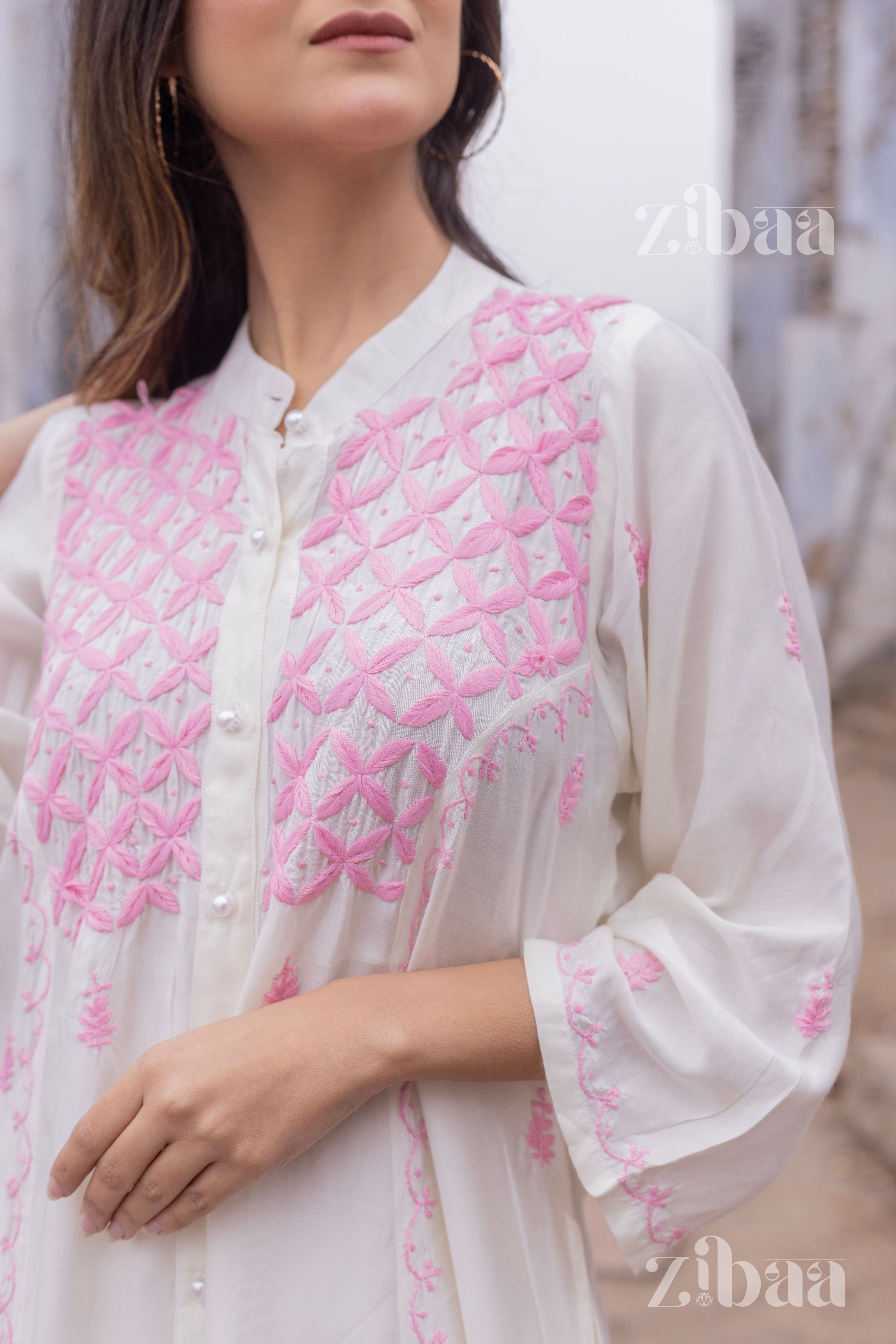 Zibaa Ivory Muslin Long Chikankari Kurta