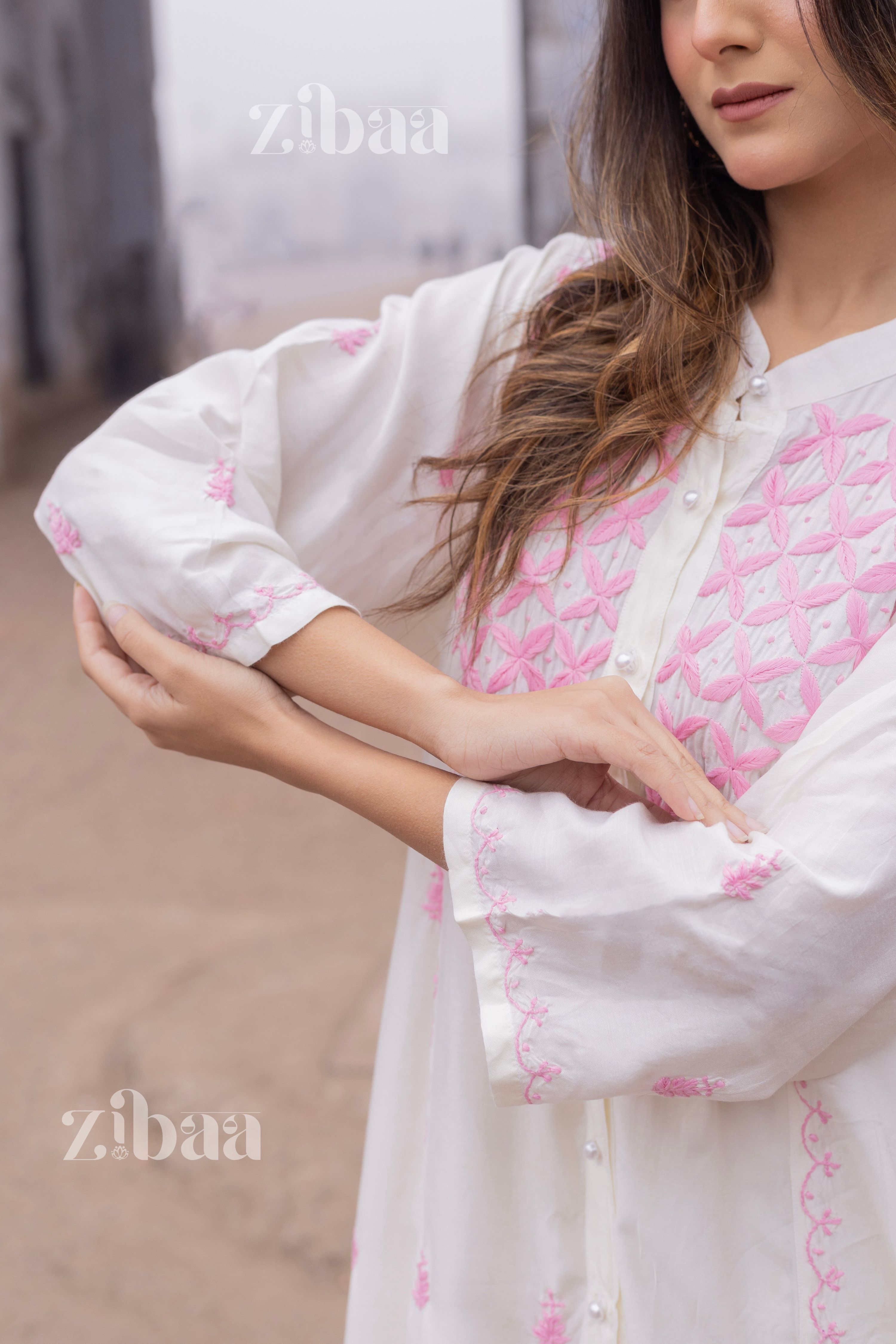 Zibaa Ivory Muslin Long Chikankari Kurta