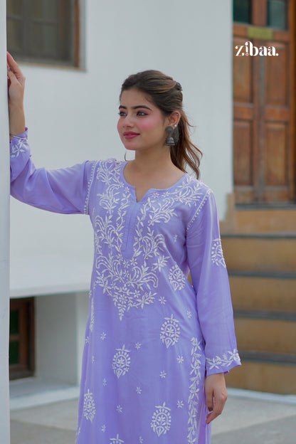 Zibaa Modal Lavender Chikankari Kurta - Distacart