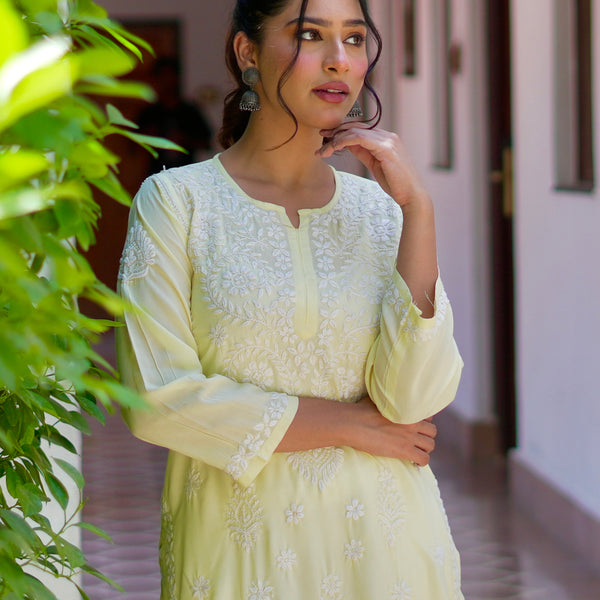 Zibaa Modal Butter Yellow Chikankari Kurta