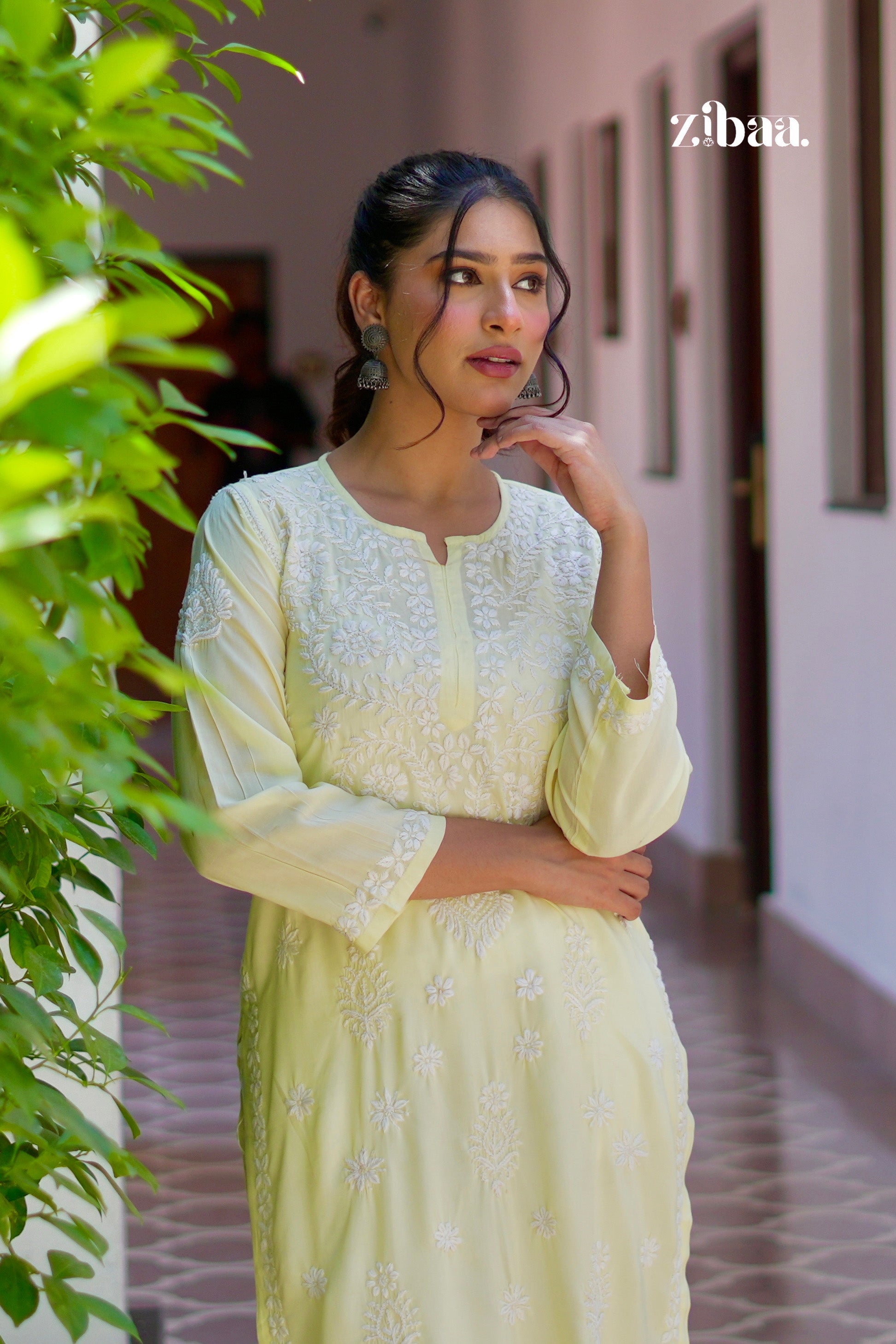 Zibaa Modal Butter Yellow Chikankari Kurta - Distacart