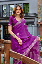 Thumbnail for Vastranavya Purple Embroidery Work Shimmer Chiffon Saree with Unstitched Blouse