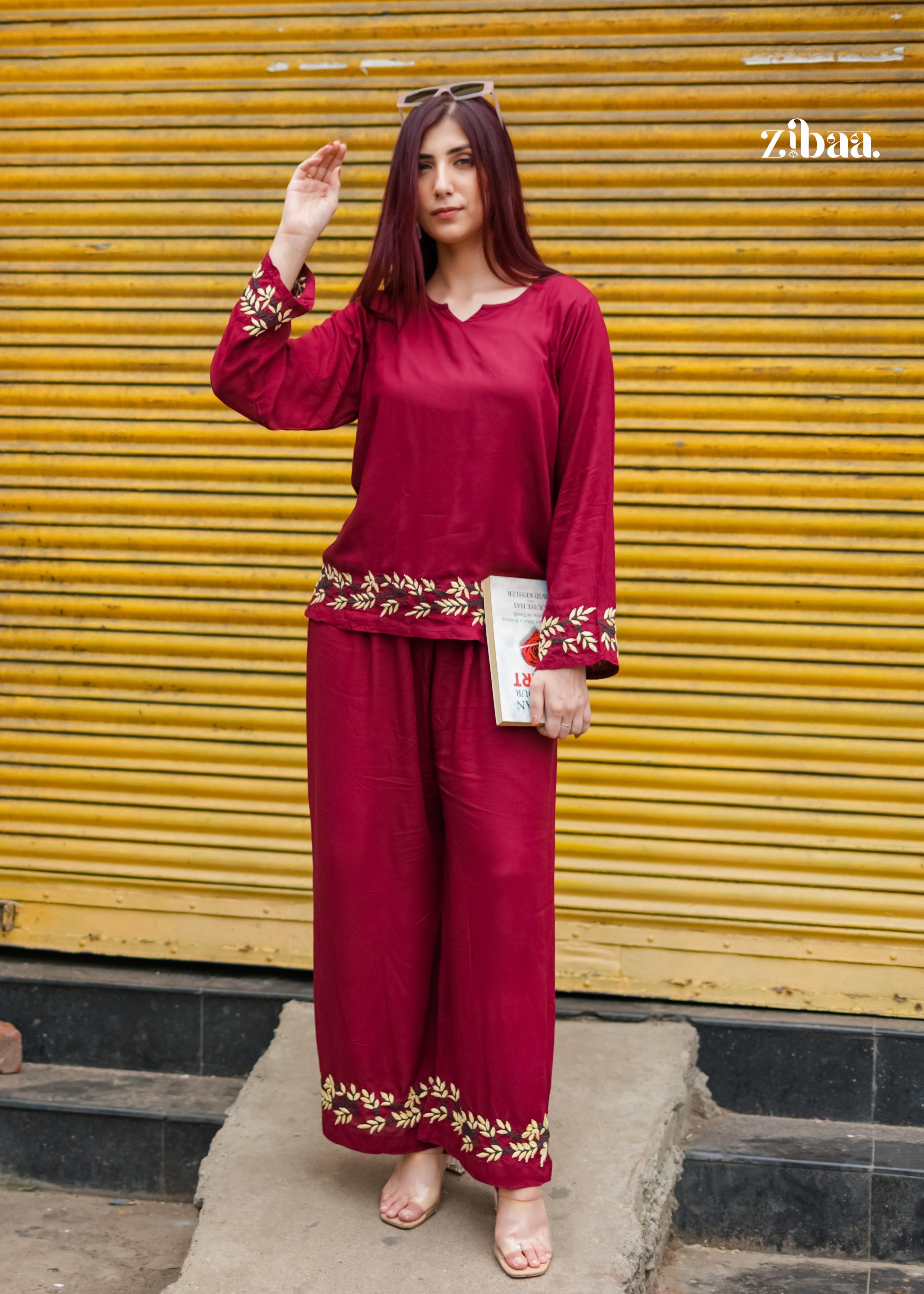 Zibaa Deep Burgundy Luxury Rayon Chikankari Coord Set