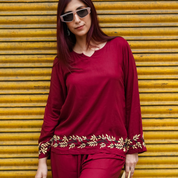 Zibaa Deep Burgundy Luxury Rayon Chikankari Coord Set