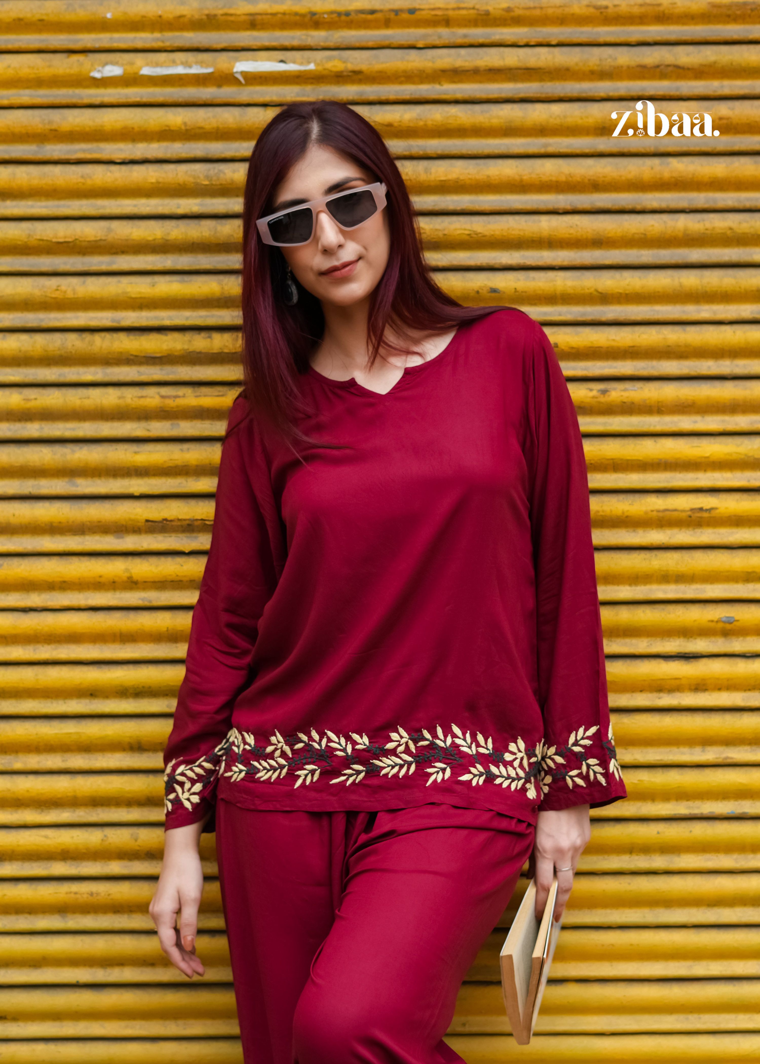 Zibaa Deep Burgundy Luxury Rayon Chikankari Coord Set - Distacart
