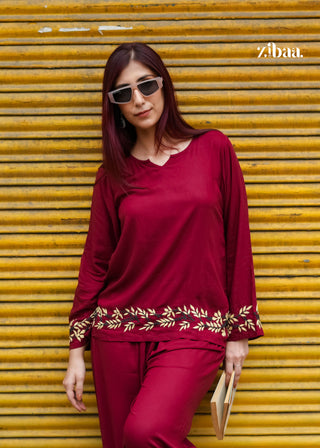 Zibaa Deep Burgundy Luxury Rayon Chikankari Coord Set