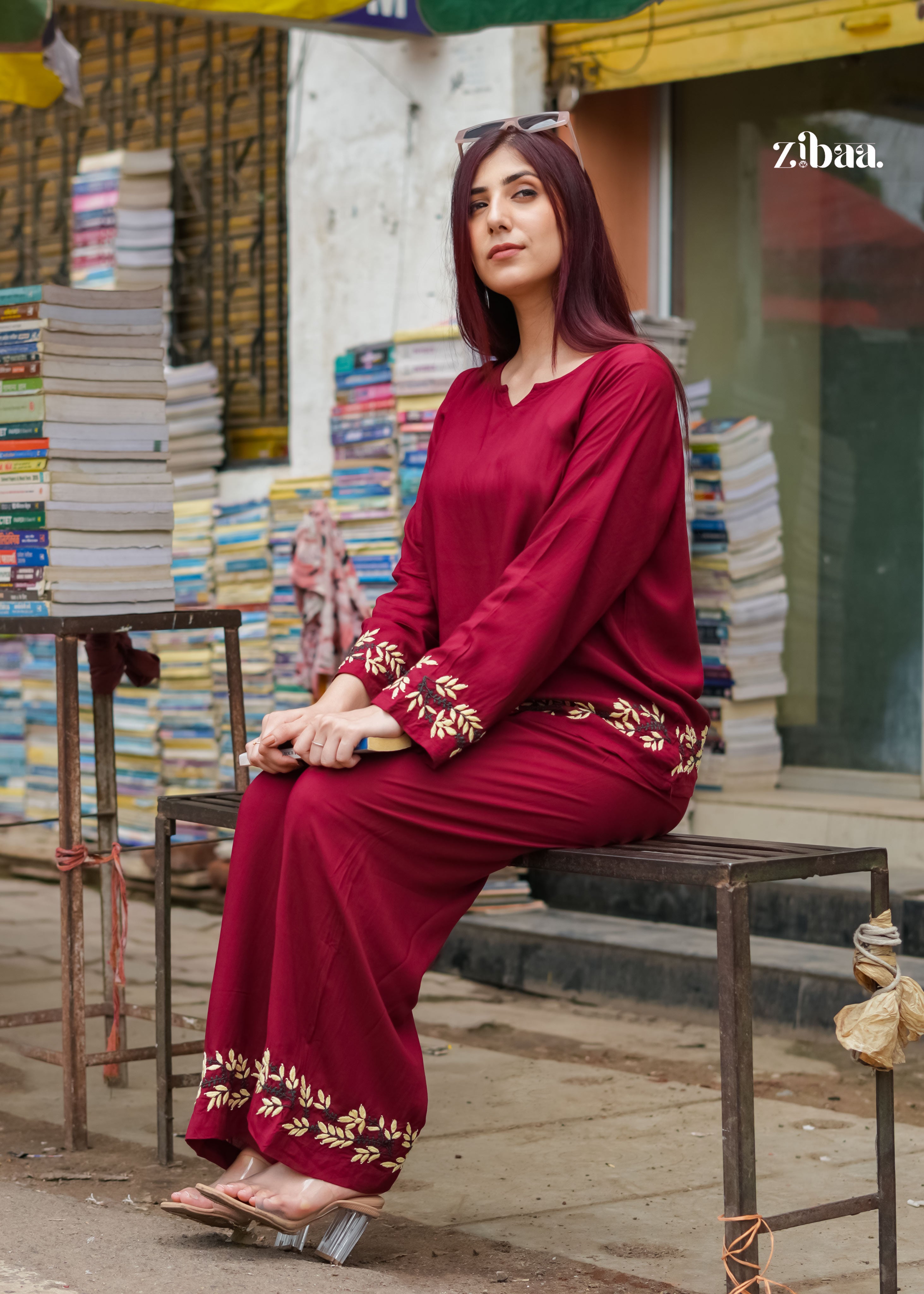 Zibaa Deep Burgundy Luxury Rayon Chikankari Coord Set