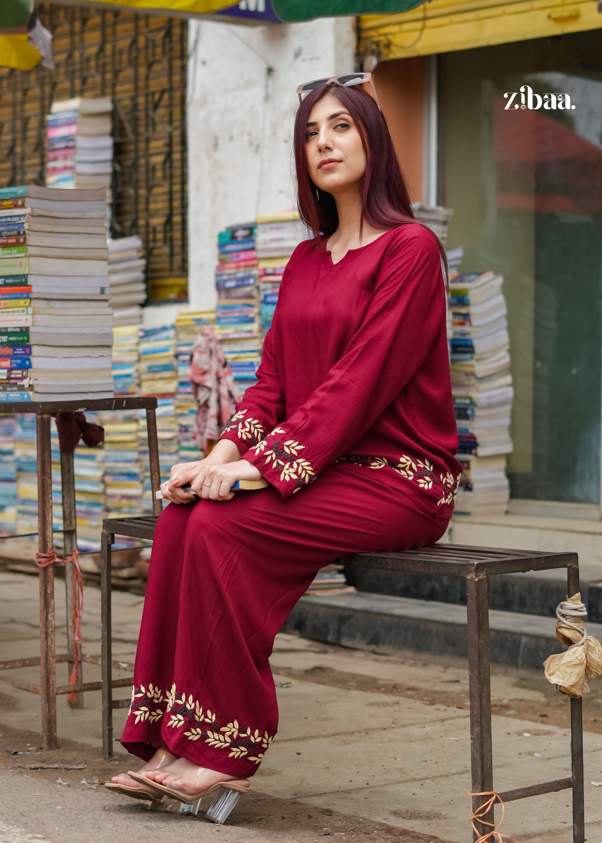 Zibaa Deep Burgundy Luxury Rayon Chikankari Coord Set - Distacart