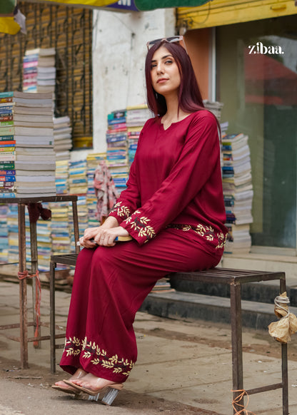 Zibaa Deep Burgundy Luxury Rayon Chikankari Coord Set - Distacart