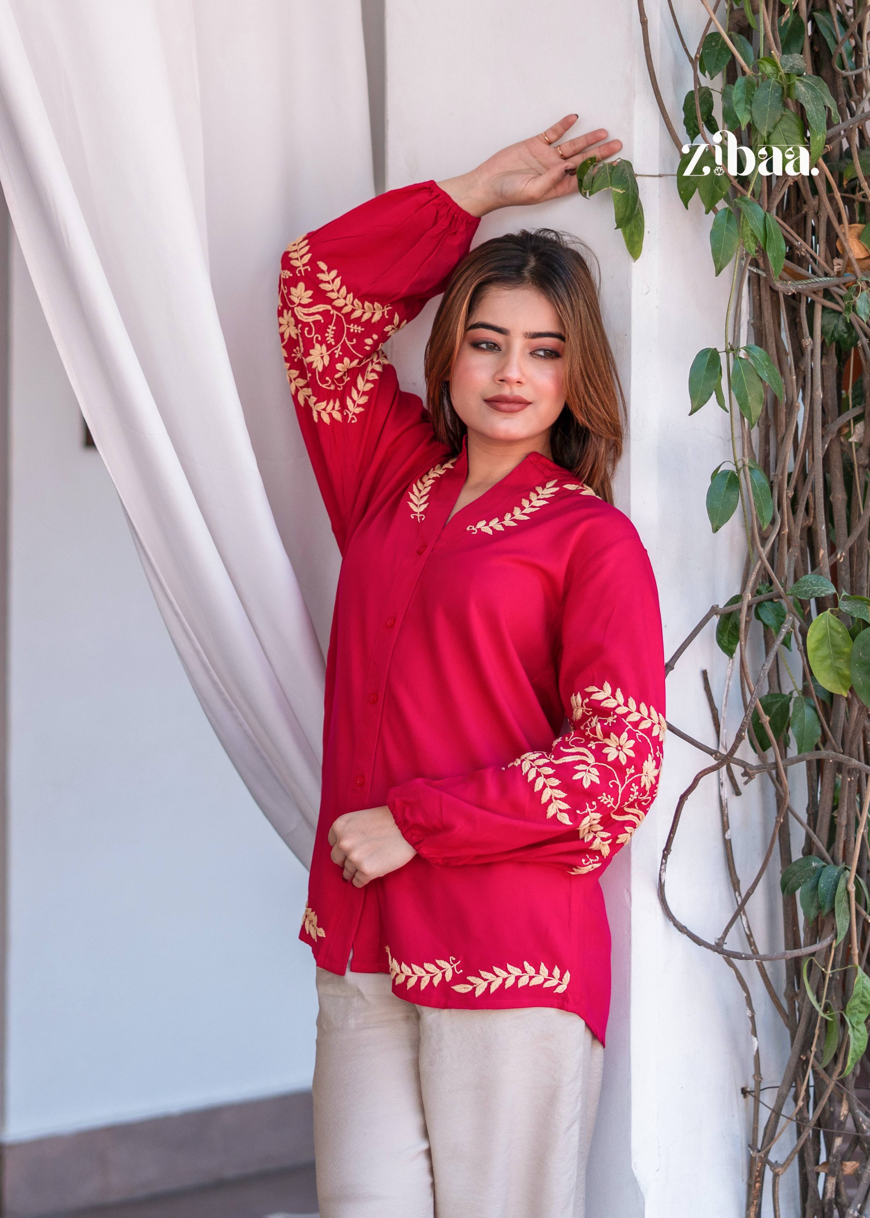 Zibaa Hot Pink Luxury Rayon Chikankari Top