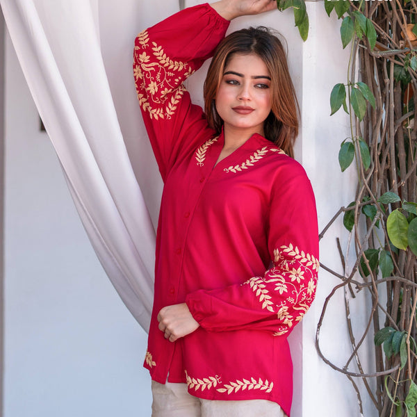 Zibaa Hot Pink Luxury Rayon Chikankari Top