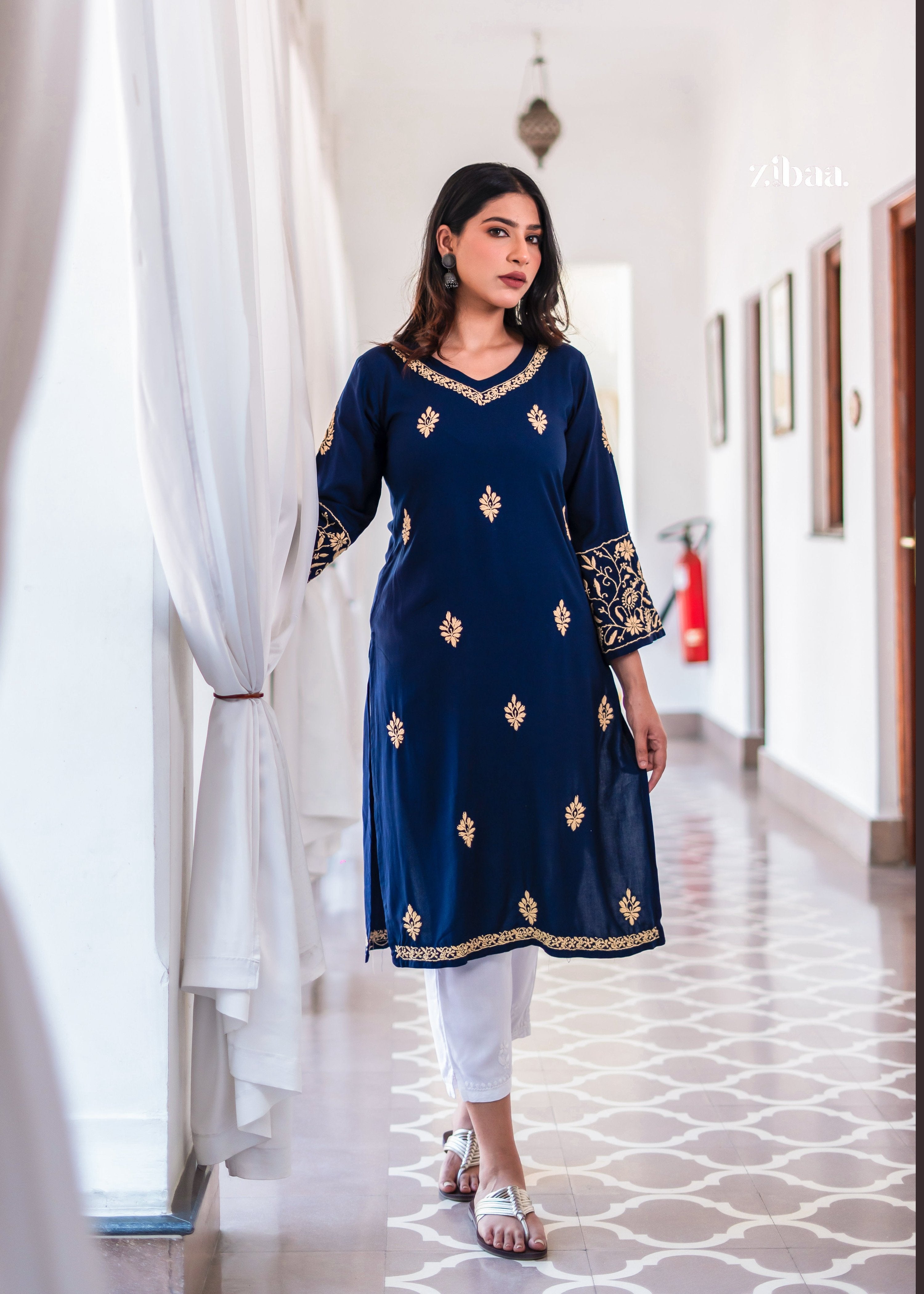 Zibaa Blue & Gold Luxury Rayon Chikankari Kurta