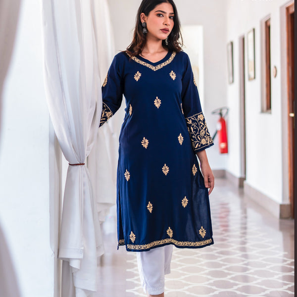 Zibaa Blue & Gold Luxury Rayon Chikankari Kurta