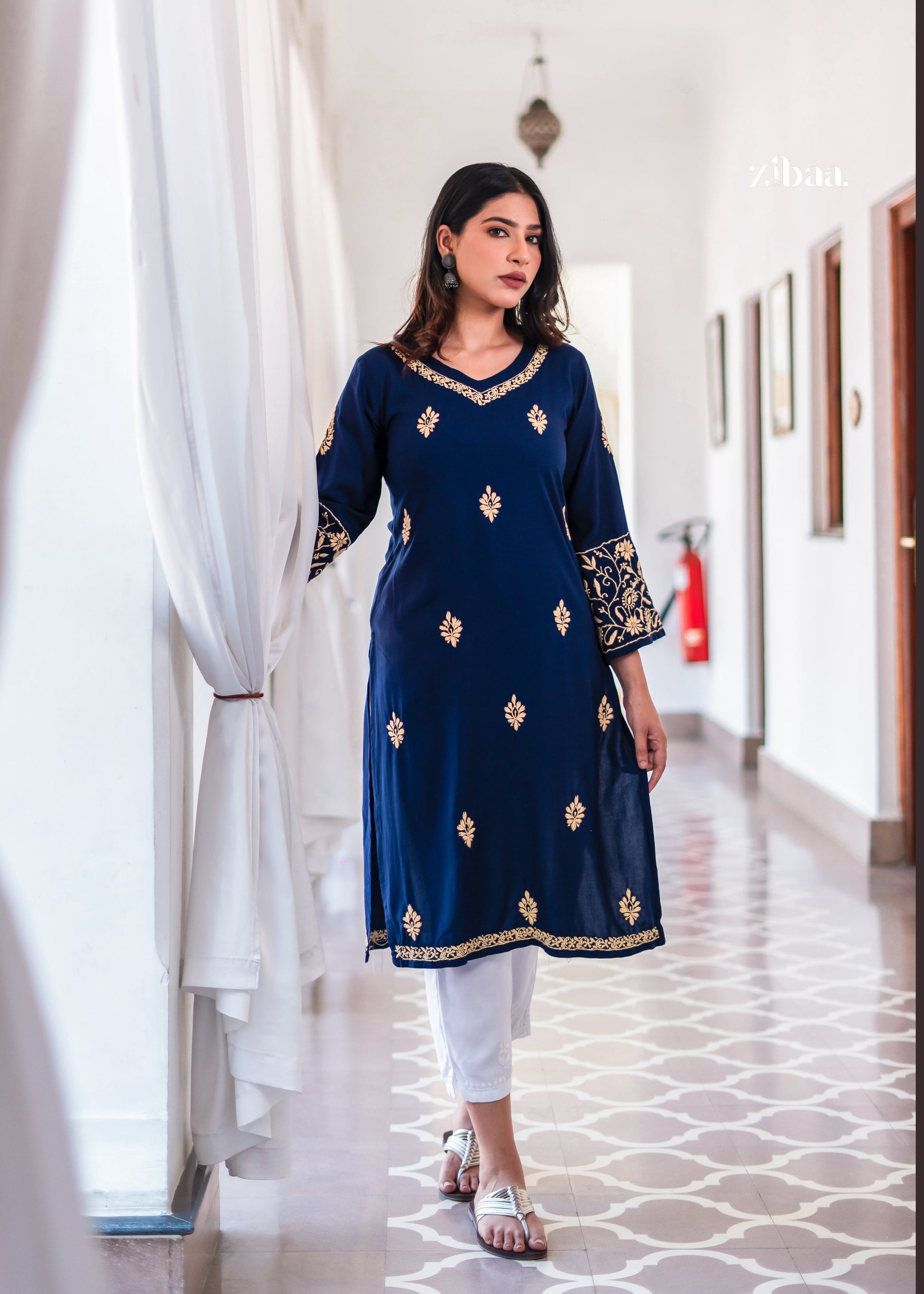 Zibaa Blue & Gold Luxury Rayon Chikankari Kurta - Distacart
