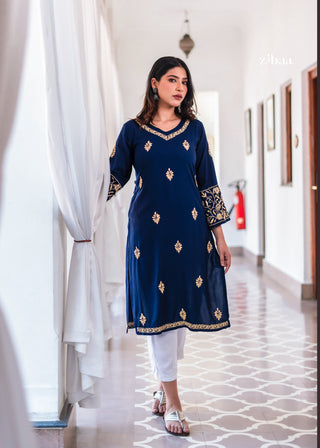 Zibaa Blue & Gold Luxury Rayon Chikankari Kurta