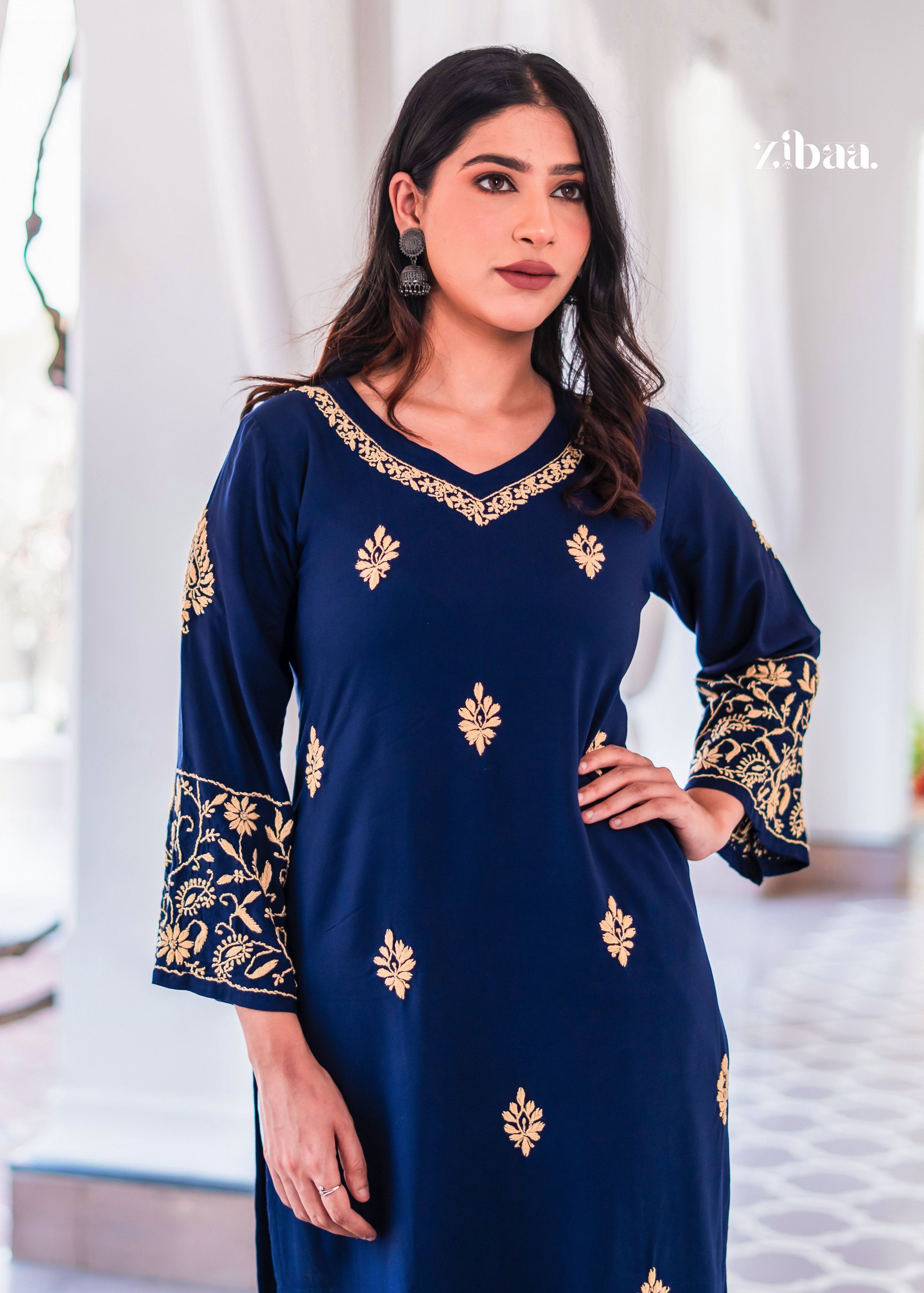 Zibaa Blue & Gold Luxury Rayon Chikankari Kurta