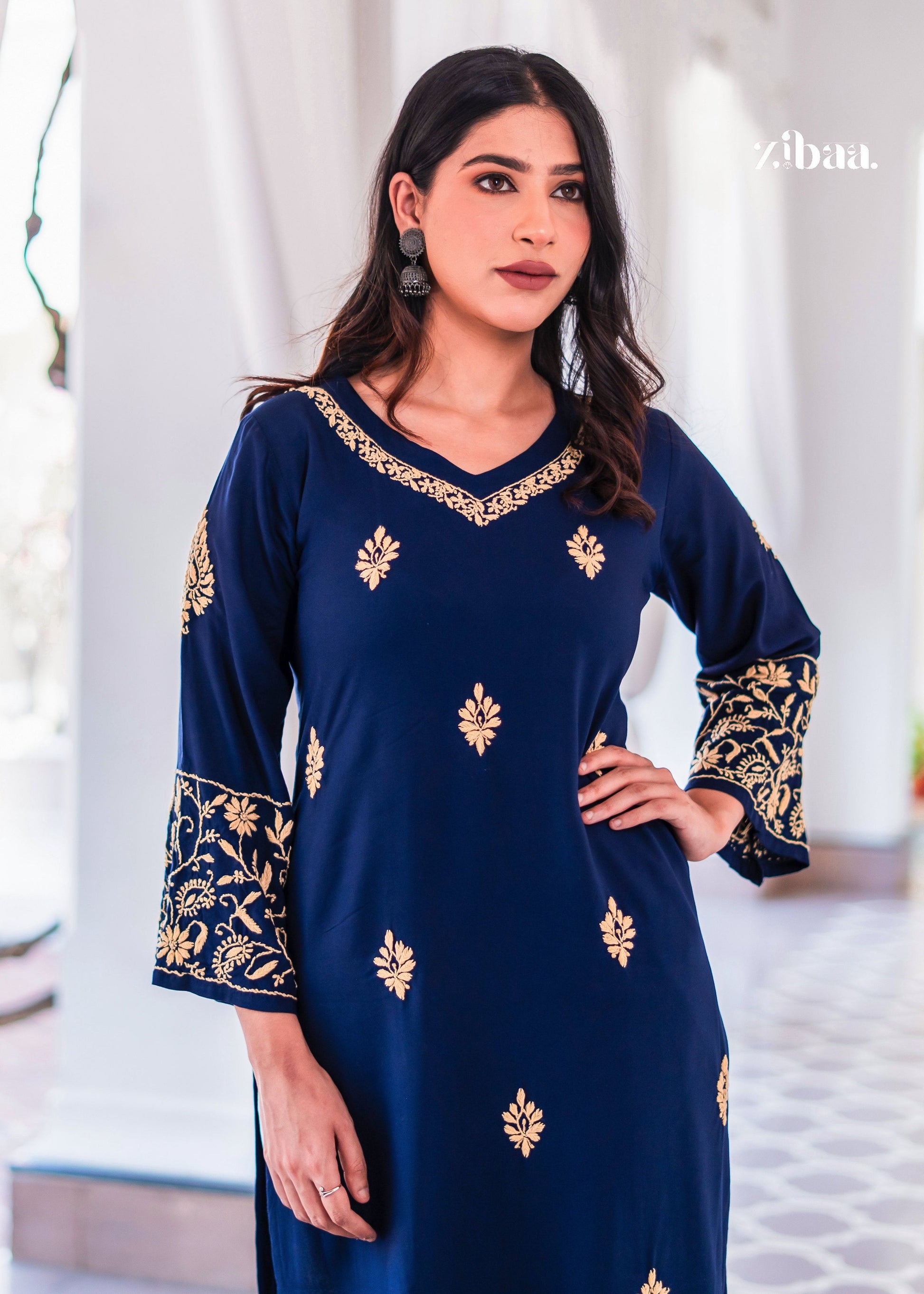 Zibaa Blue & Gold Luxury Rayon Chikankari Kurta - Distacart