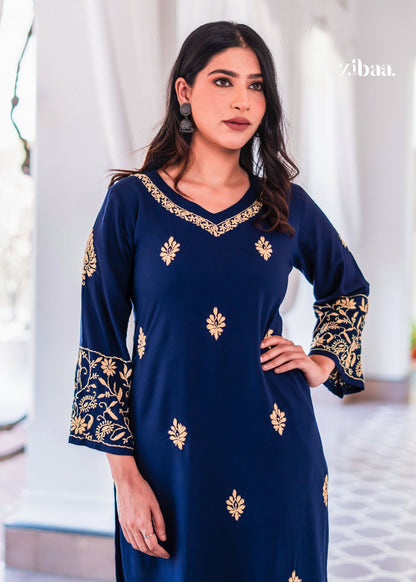 Zibaa Blue & Gold Luxury Rayon Chikankari Kurta - Distacart