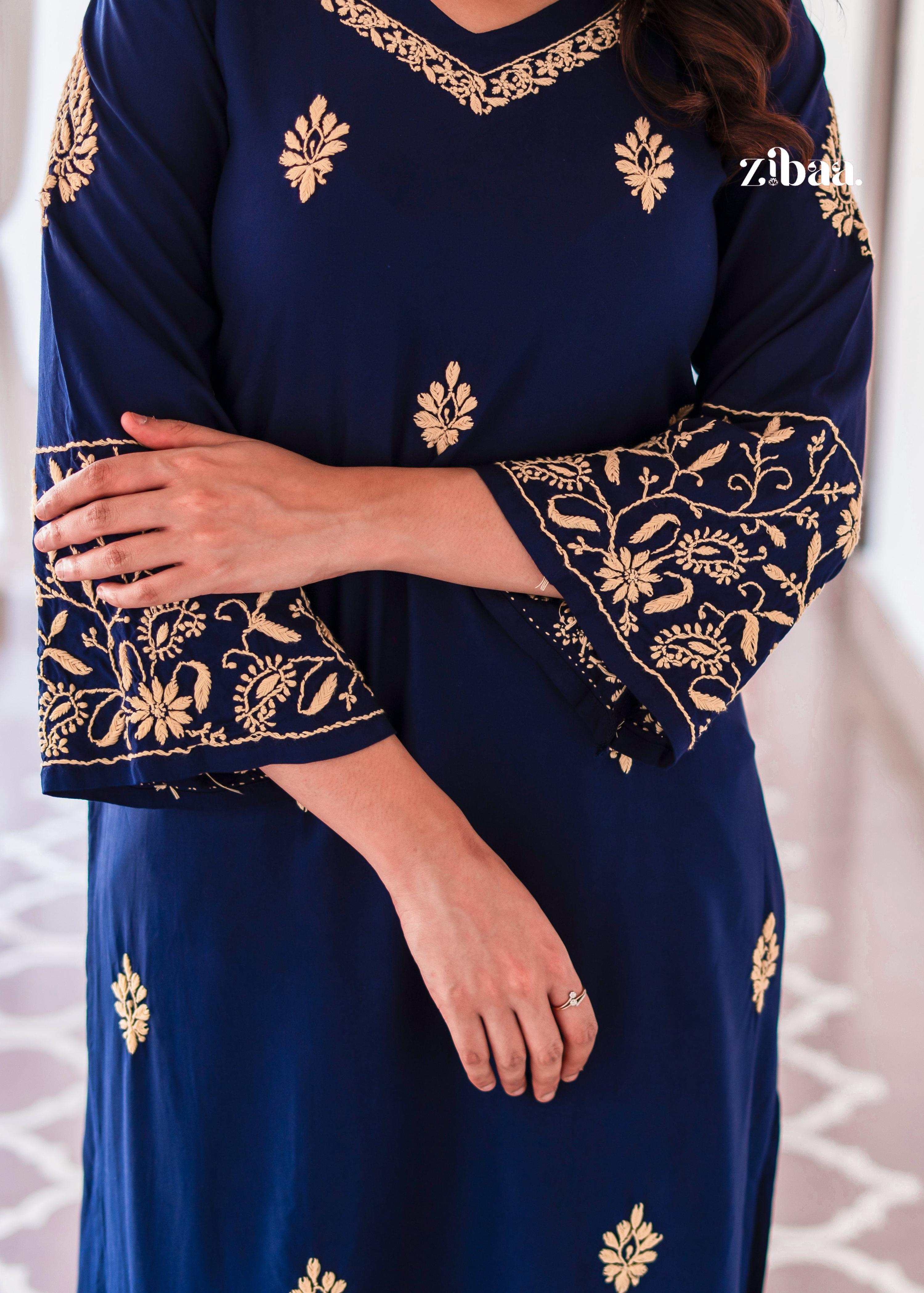 Zibaa Blue & Gold Luxury Rayon Chikankari Kurta