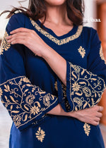 Thumbnail for Zibaa Blue & Gold Luxury Rayon Chikankari Kurta
