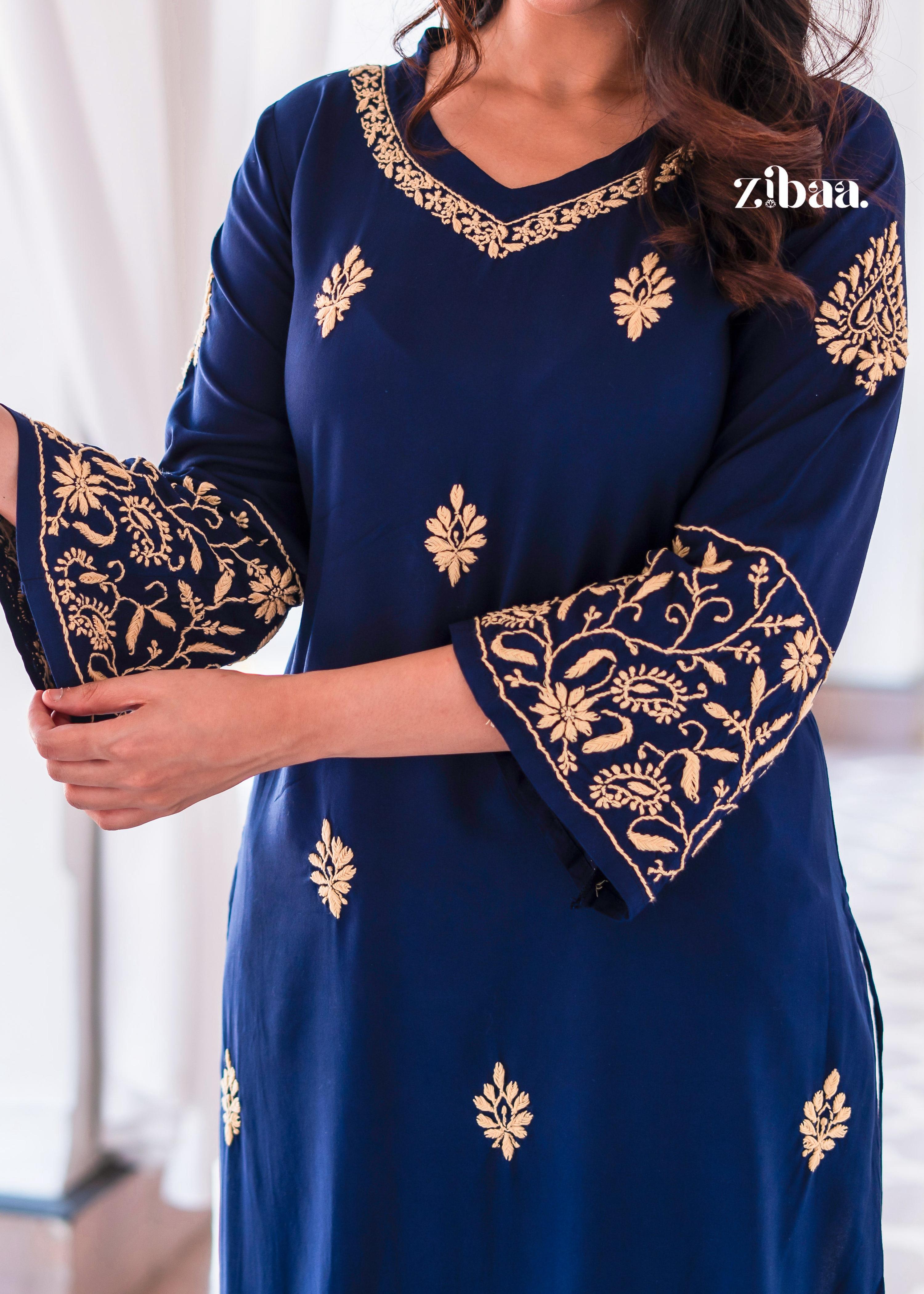 Zibaa Blue & Gold Luxury Rayon Chikankari Kurta