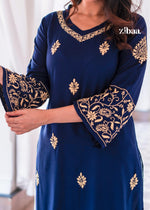 Thumbnail for Zibaa Blue & Gold Luxury Rayon Chikankari Kurta