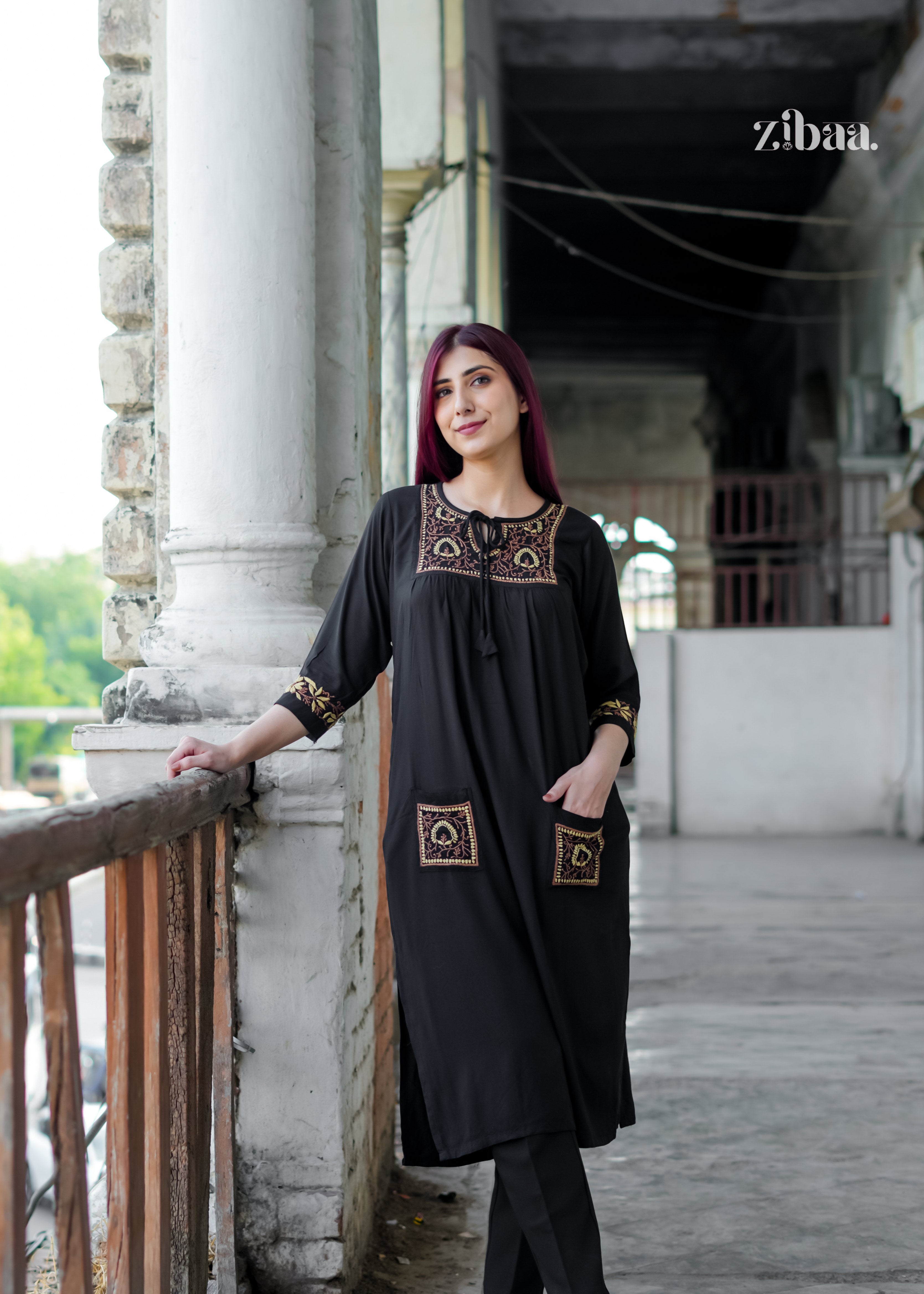 Zibaa Black & Gold Rayon Chikankari Kurta
