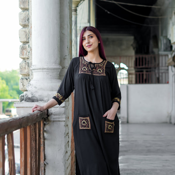 Zibaa Black & Gold Rayon Chikankari Kurta