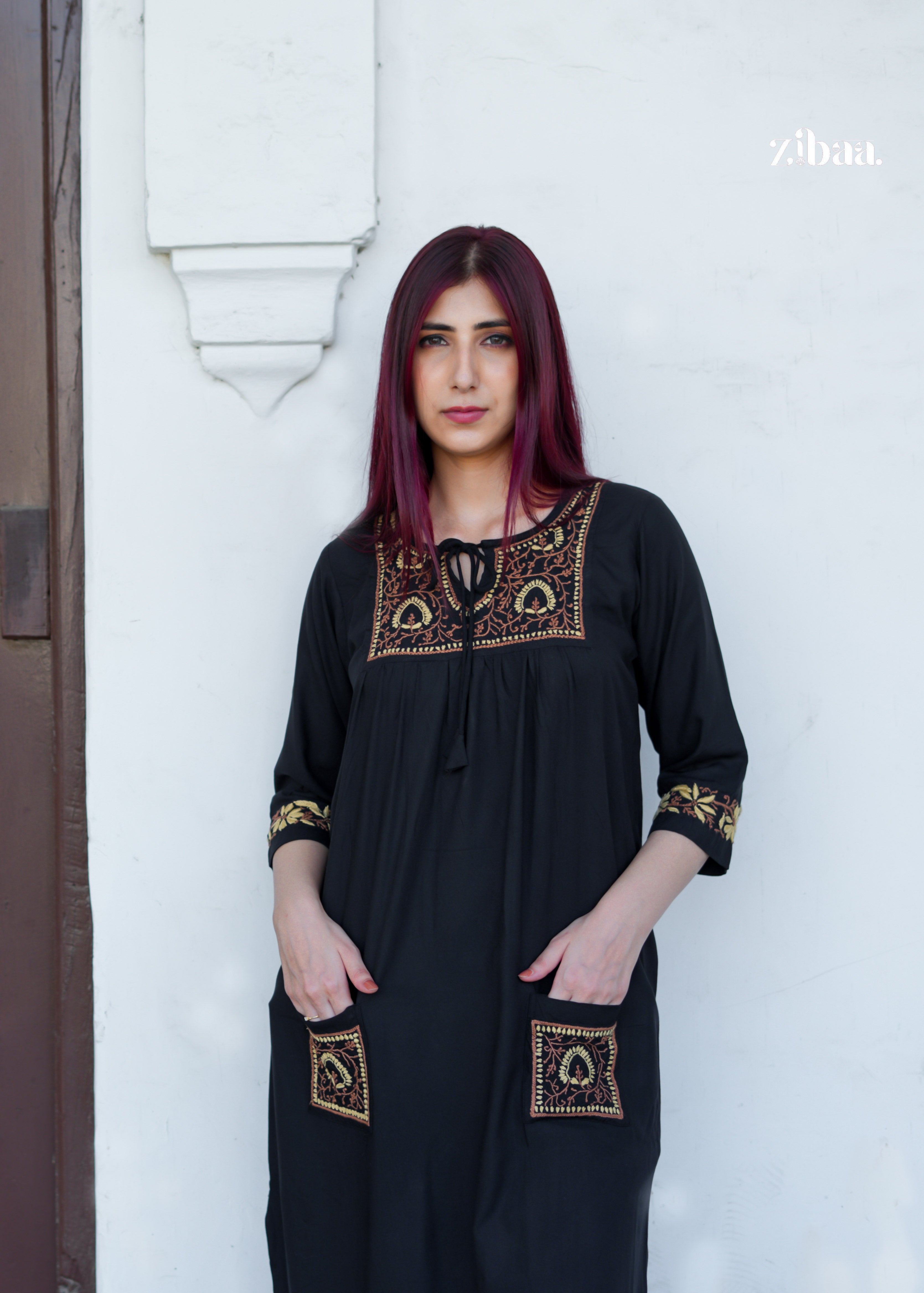 Zibaa Black & Gold Rayon Chikankari Kurta