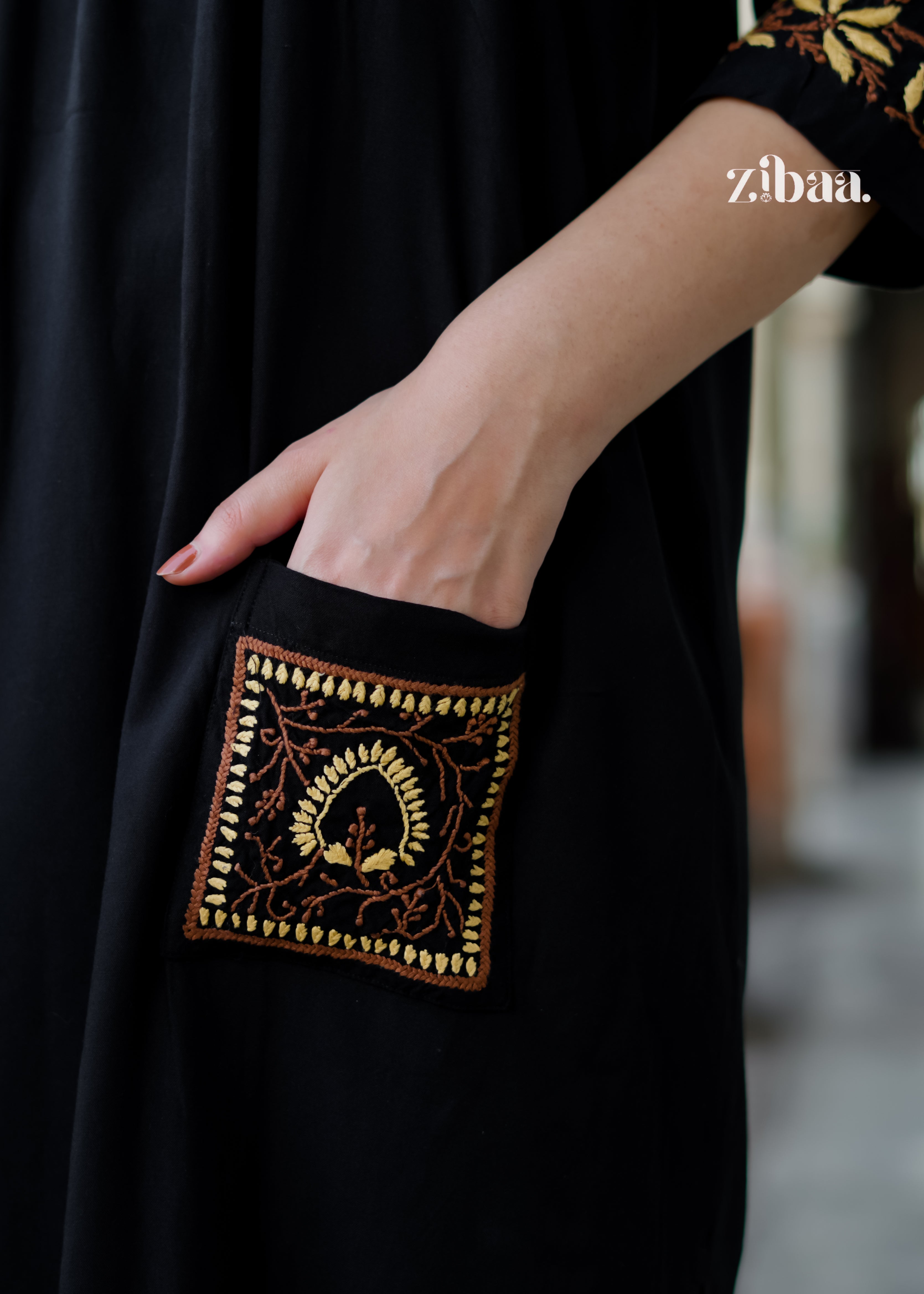 Zibaa Black & Gold Rayon Chikankari Kurta