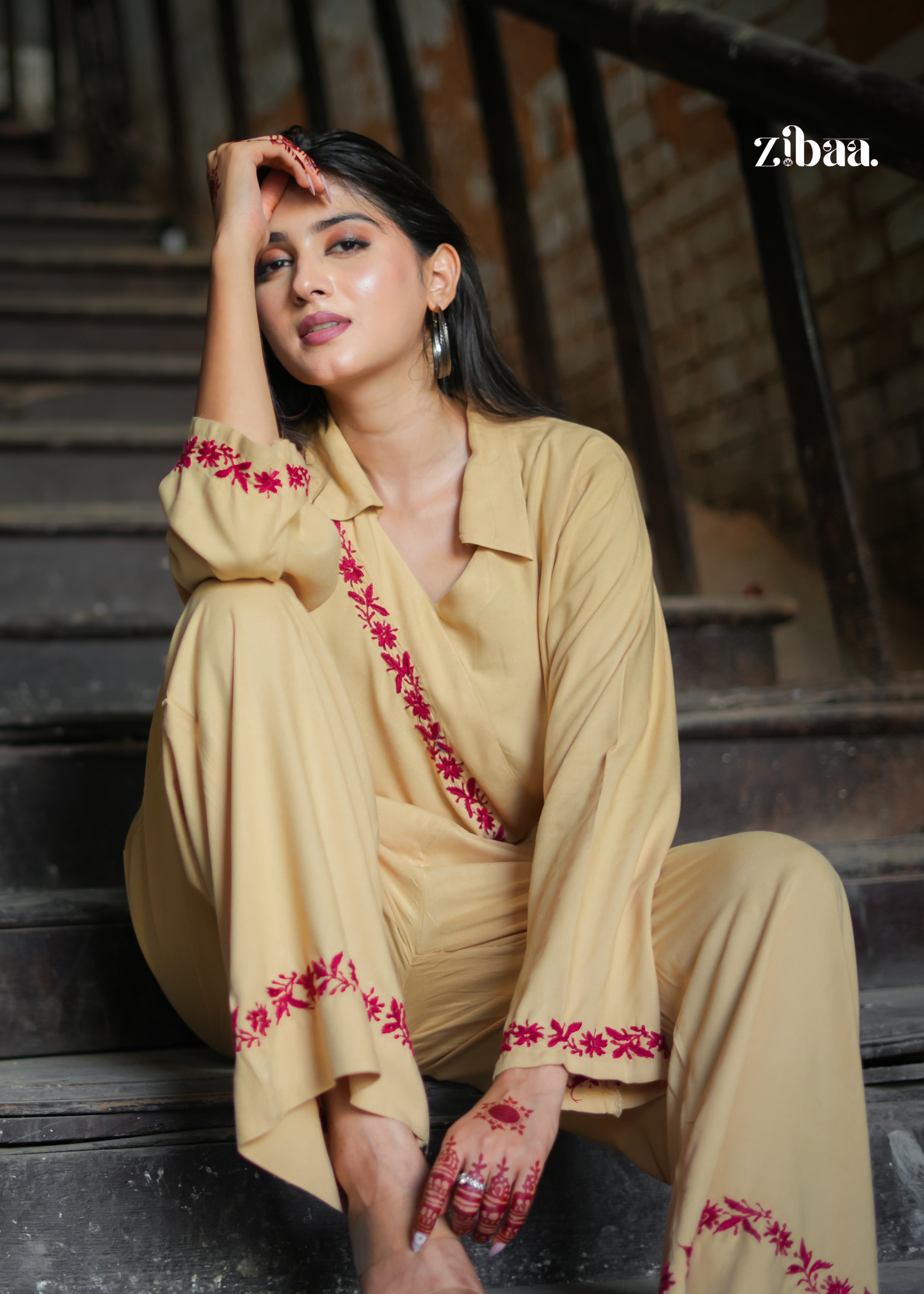 Zibaa Beige Rayon Chikankari Co-ord Set