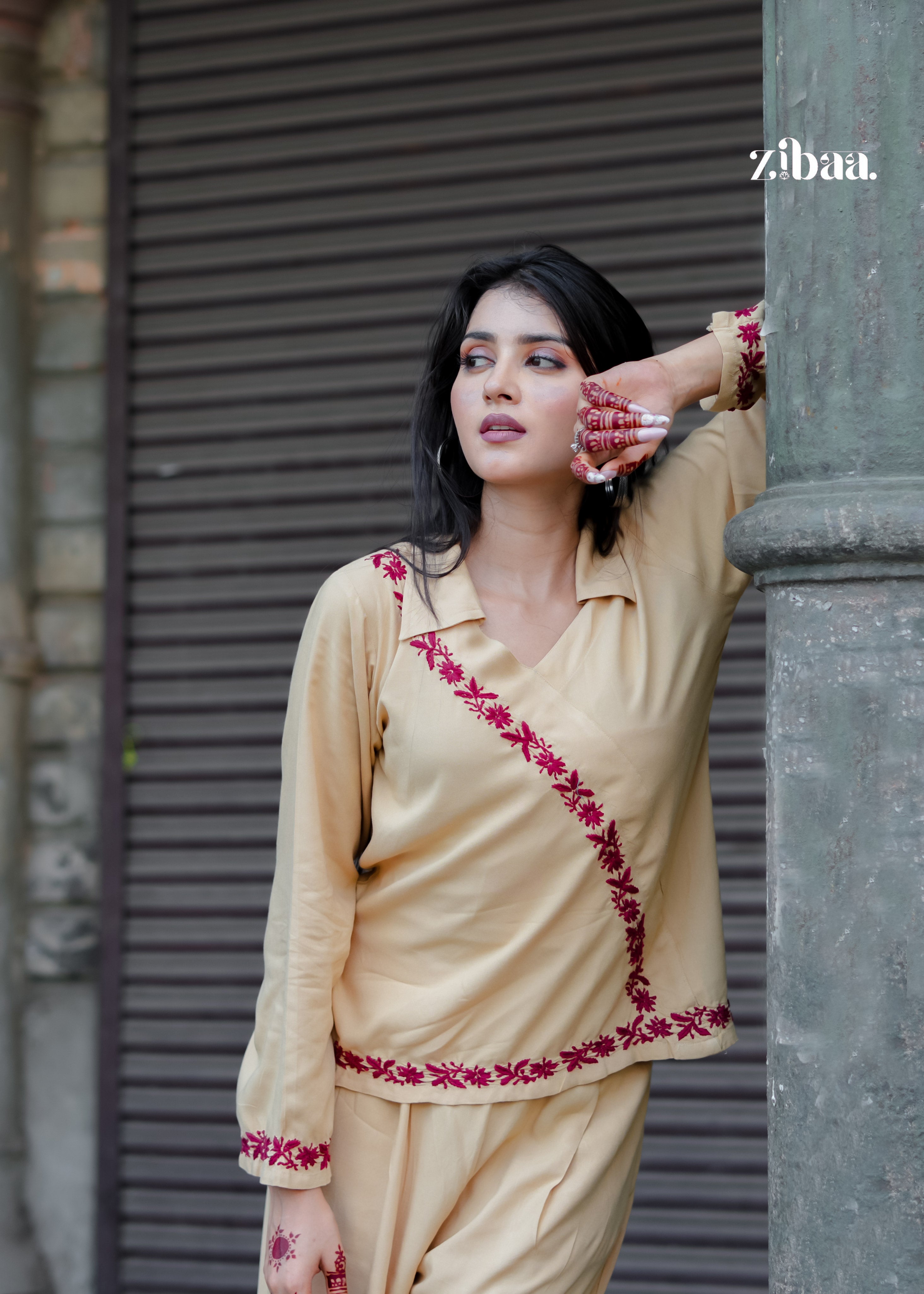 Zibaa Beige Rayon Chikankari Co-ord Set