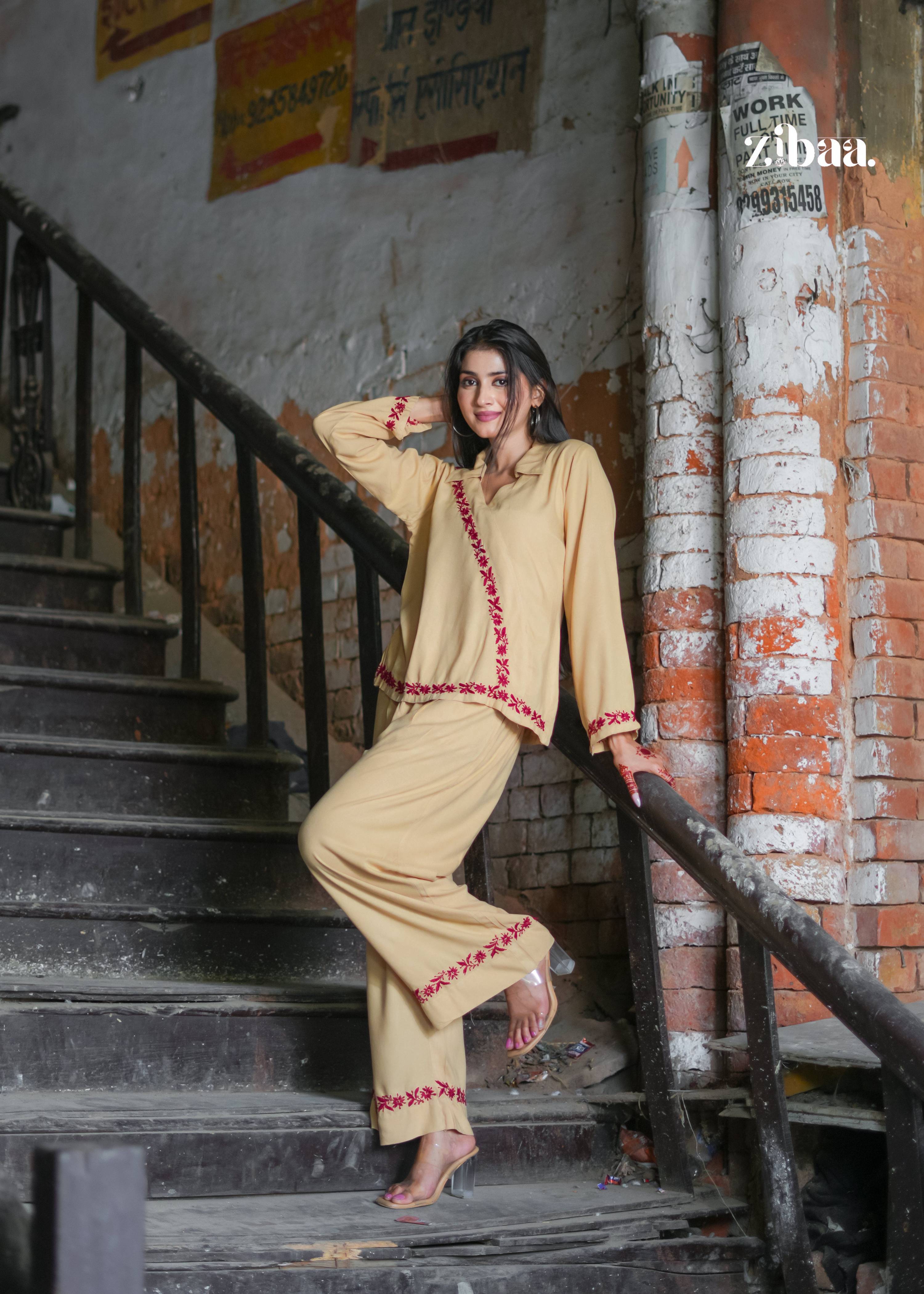 Zibaa Beige Rayon Chikankari Co-ord Set - Distacart