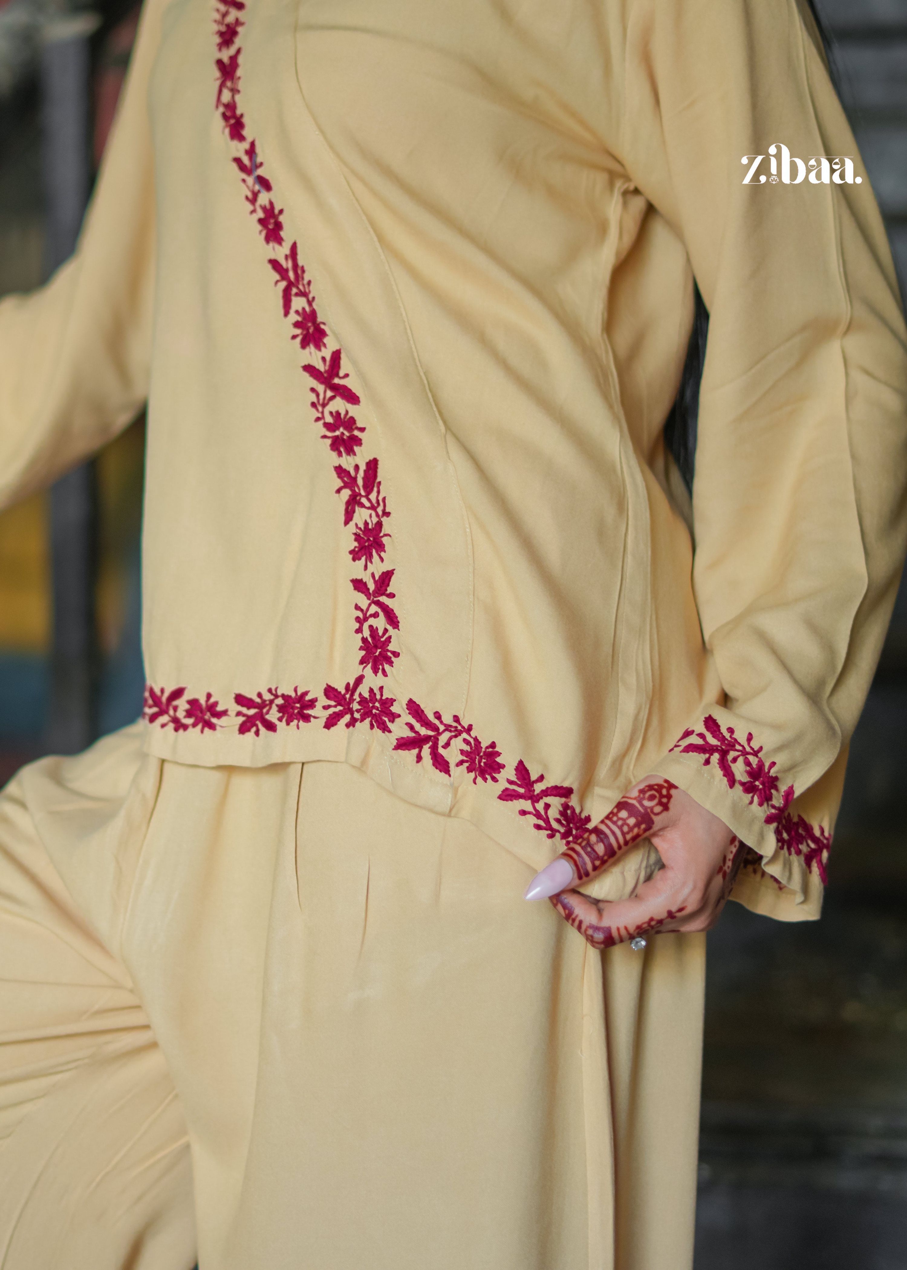 Zibaa Beige Rayon Chikankari Co-ord Set