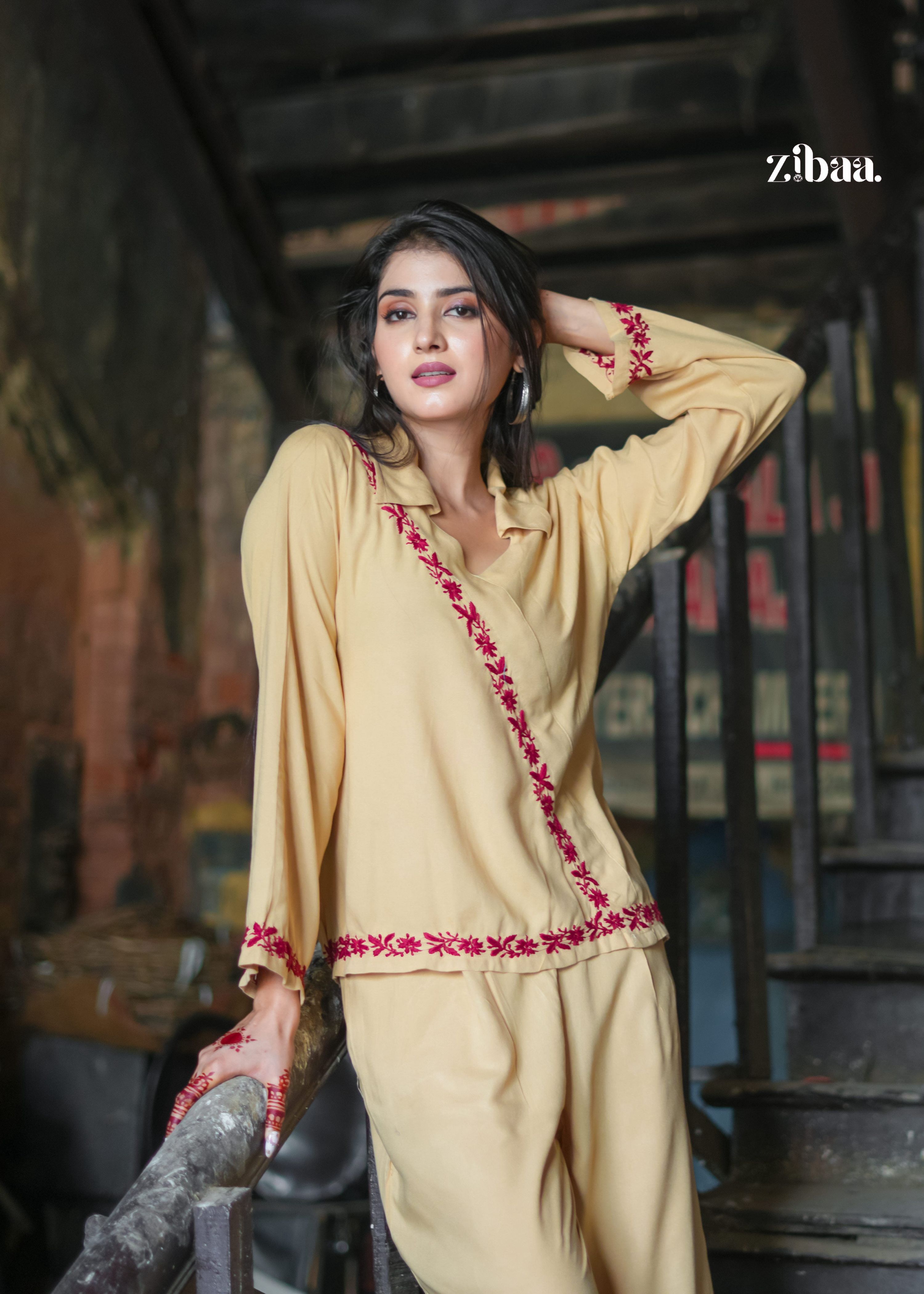 Zibaa Beige Rayon Chikankari Co-ord Set